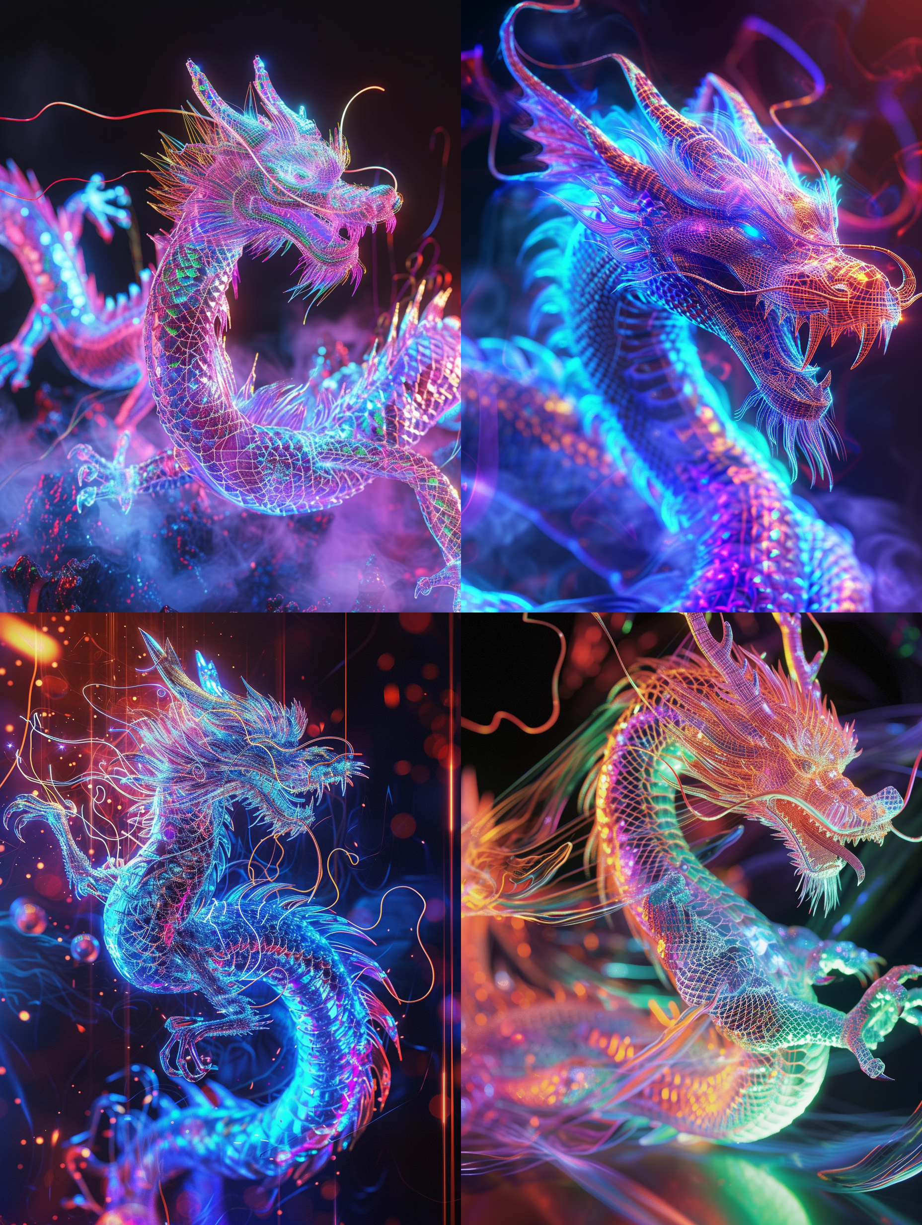 prompt. 高科技，全息中国龙，线框笔触，透明身体，发光描边，层叠构图，水晶核心，明暗对比，霓虹色彩，正面视角，直视摄像机。