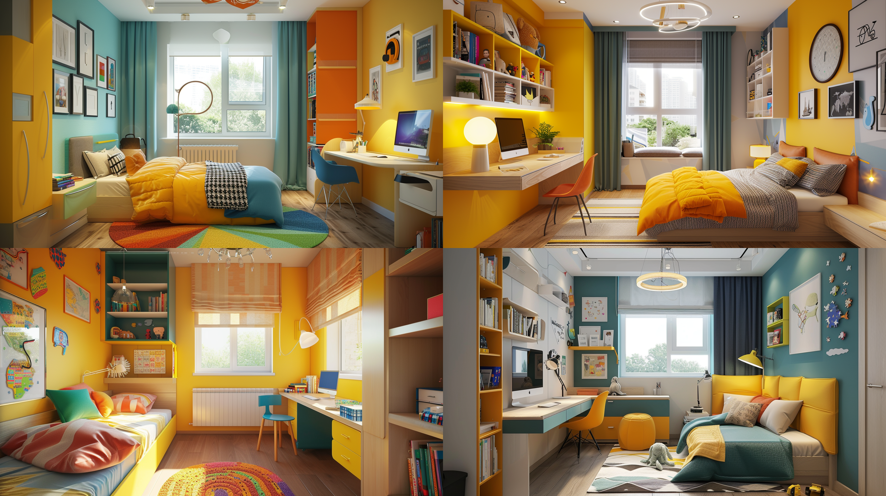 动感儿童房室内设计，明亮色姆，配有写字台、床、书架、台灯 