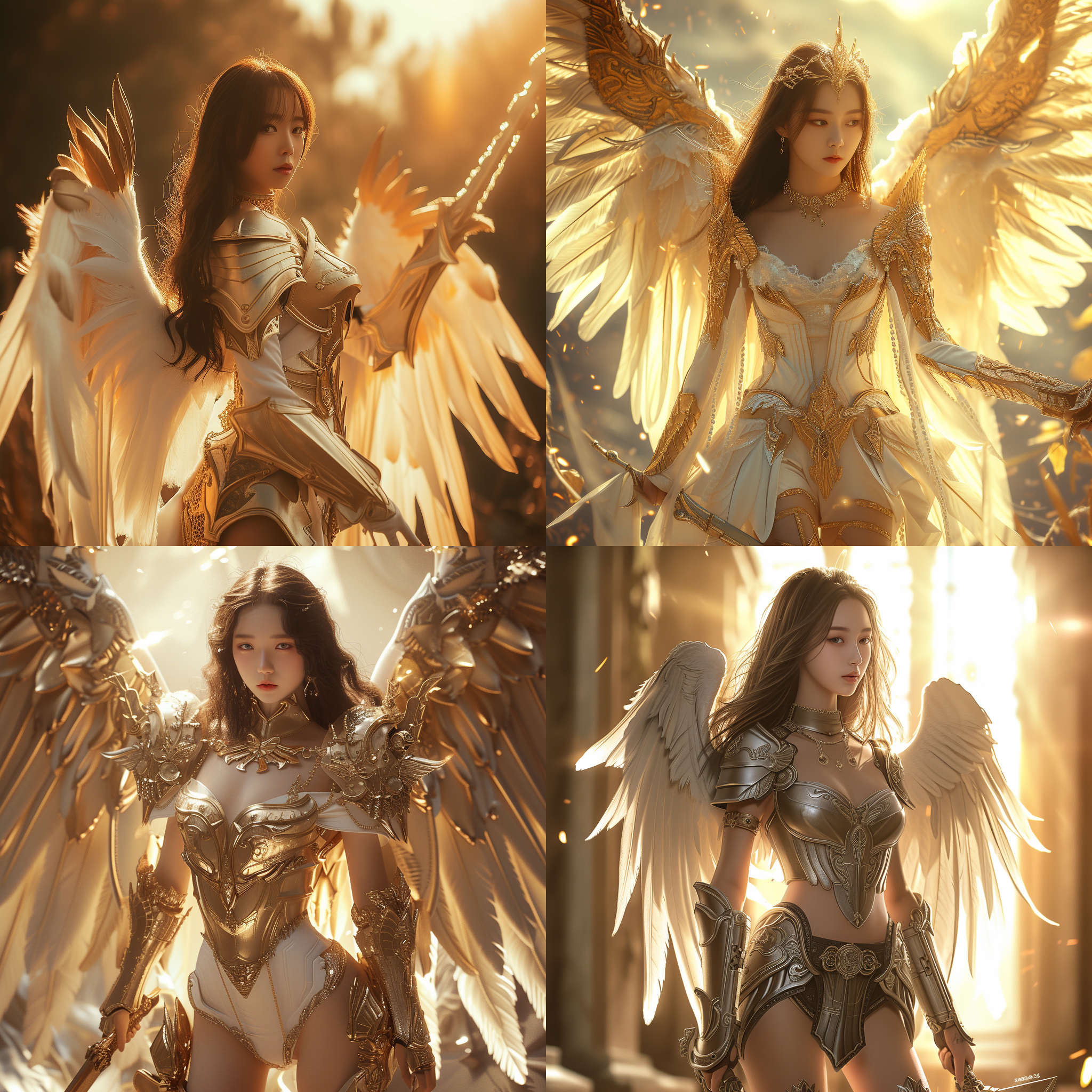 prompt. 亚洲美女, 天使, 铠甲, 大长腿, 史诗风格, 超高清细节, 背后张开翅膀, 完美五官, 完美身材, 高角度拍摄, 金色光芒, 柔和色调, 感人情感。