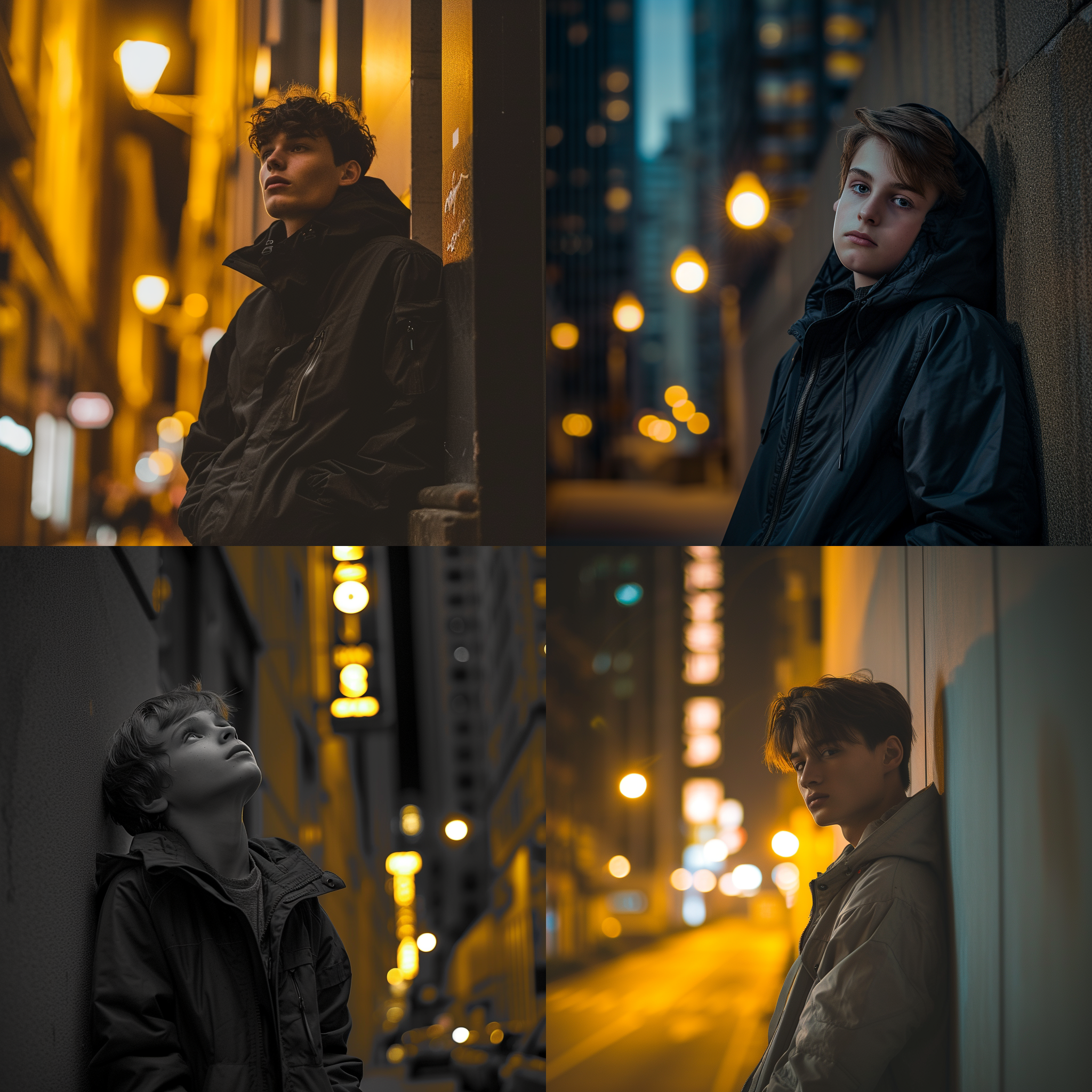 帅气男孩穿着风衣，站在夜晚的街道上。他背靠墙壁，微微侧身，目光坚定地望向前方。背景是一片昏黄的灯光和高楼大厦。照片风格独特，黑白摄影，高对比度，广角镜头，夜景，沉稳，冷峻，神秘。