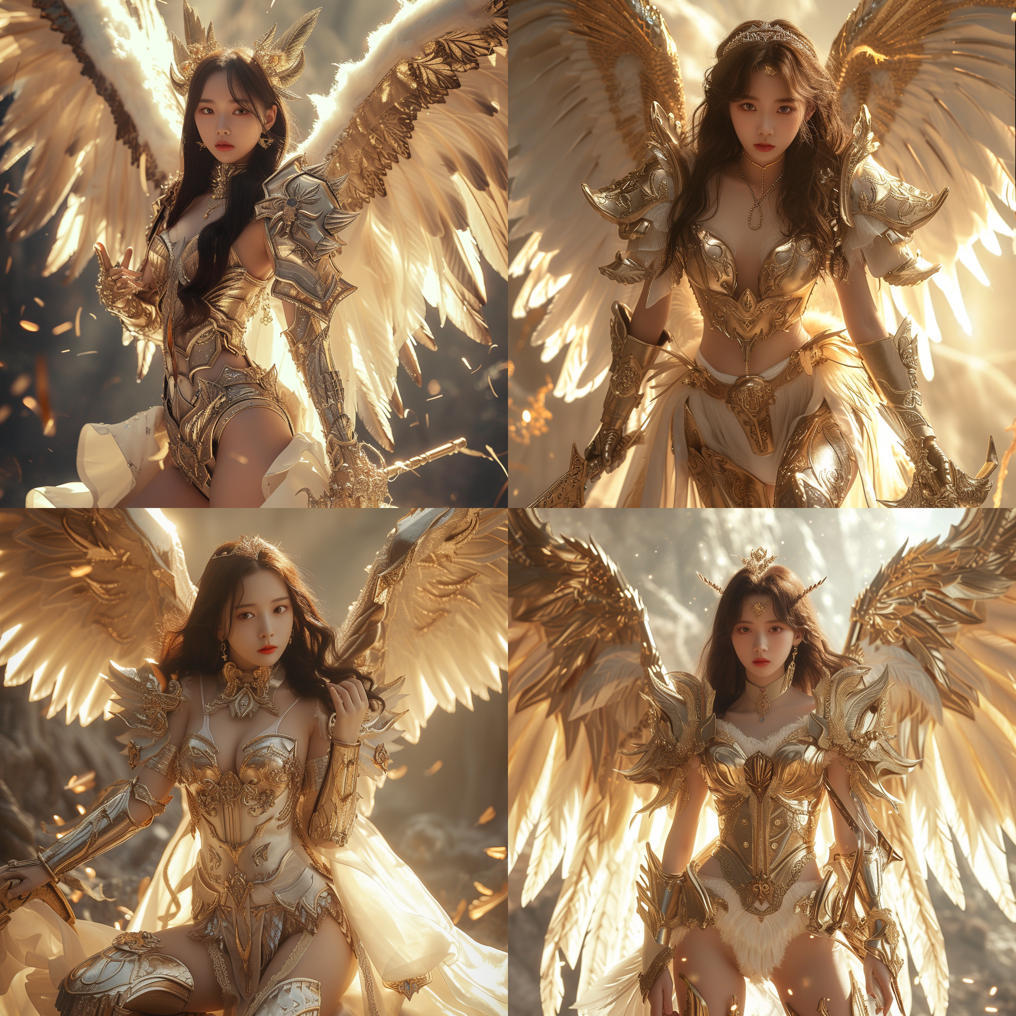prompt. 亚洲美女, 天使, 铠甲, 大长腿, 史诗风格, 超高清细节, 背后张开翅膀, 完美五官, 完美身材, 高角度拍摄, 金色光芒, 柔和色调, 感人情感。
