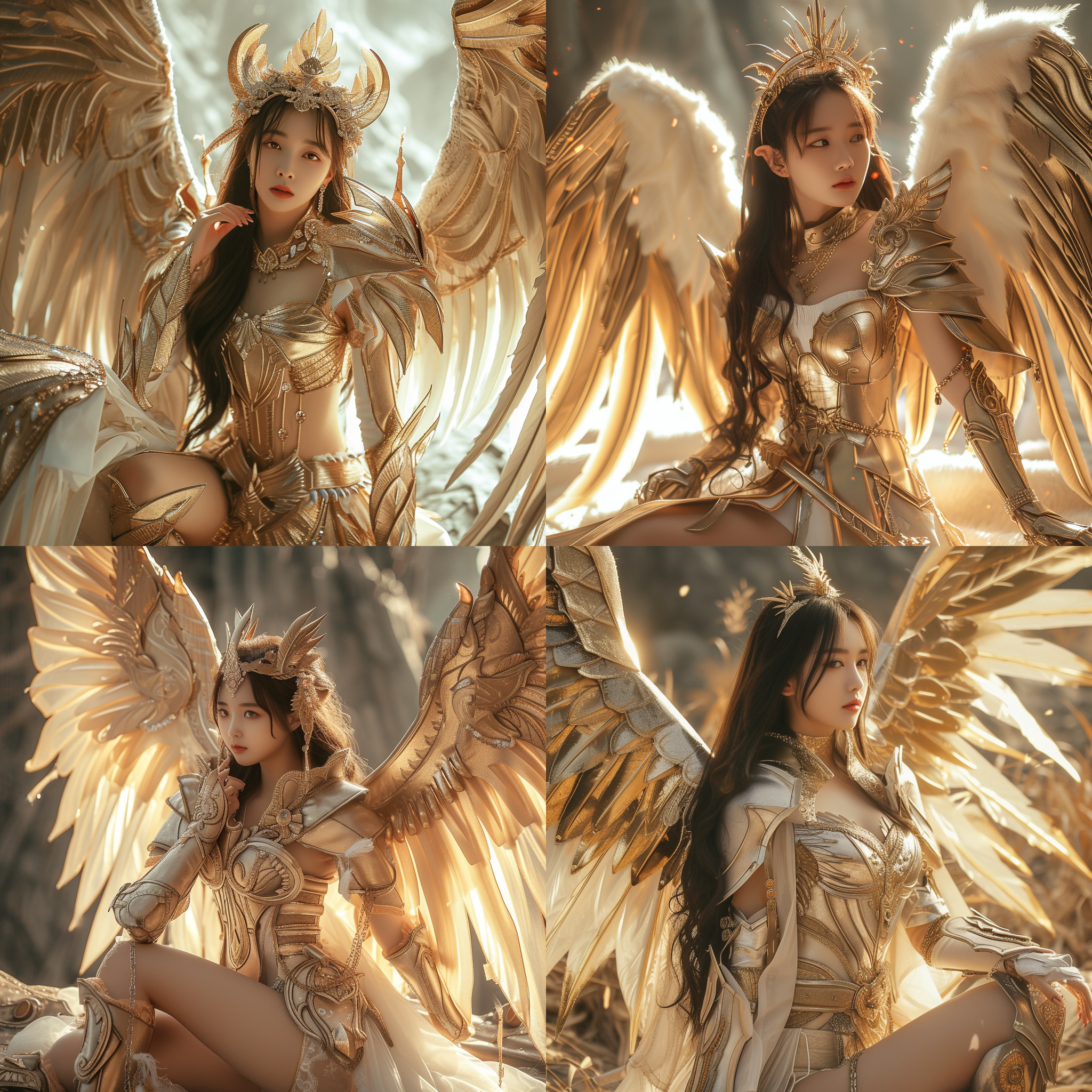 prompt. 亚洲美女, 天使, 铠甲, 大长腿, 史诗风格, 超高清细节, 背后张开翅膀, 完美五官, 完美身材, 高角度拍摄, 金色光芒, 柔和色调, 感人情感。