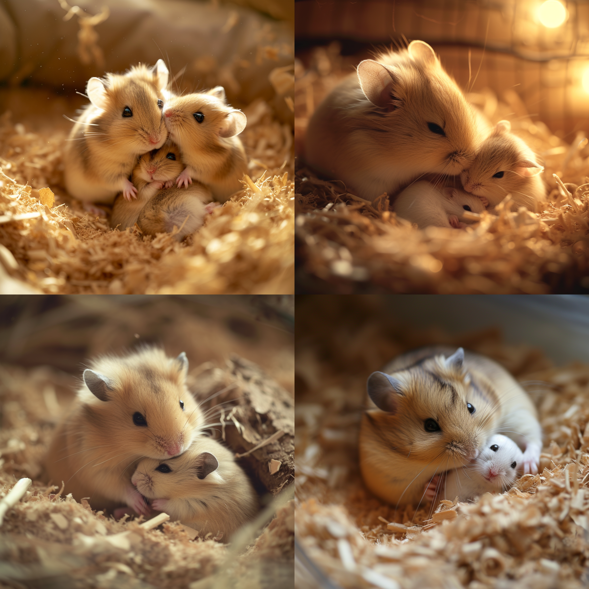prompt. 仓鼠生宝宝，木屑环境，奶茶色调，微距镜头，柔和侧光，温馨，小动物，母爱，温暖情感。