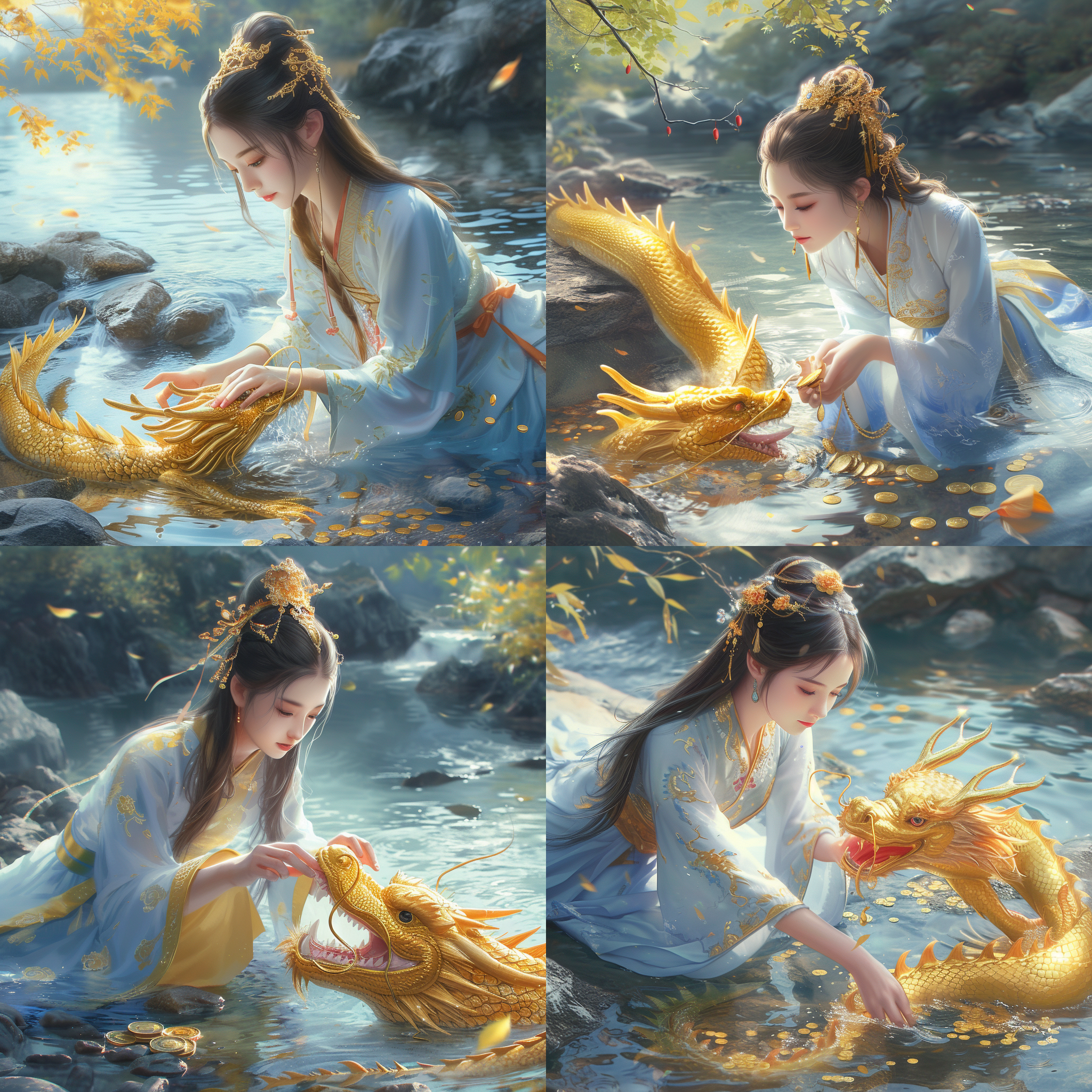 超级高分辨率，符合iphone 15 pro max手机壁纸尺寸，中国风，绝世美女，穿着旗袍，长发，在小溪边与一条金色小龙玩耍，小溪底有金币，加入细节使画面更真实生动，加入情节使画面更有故事感，电影级画面