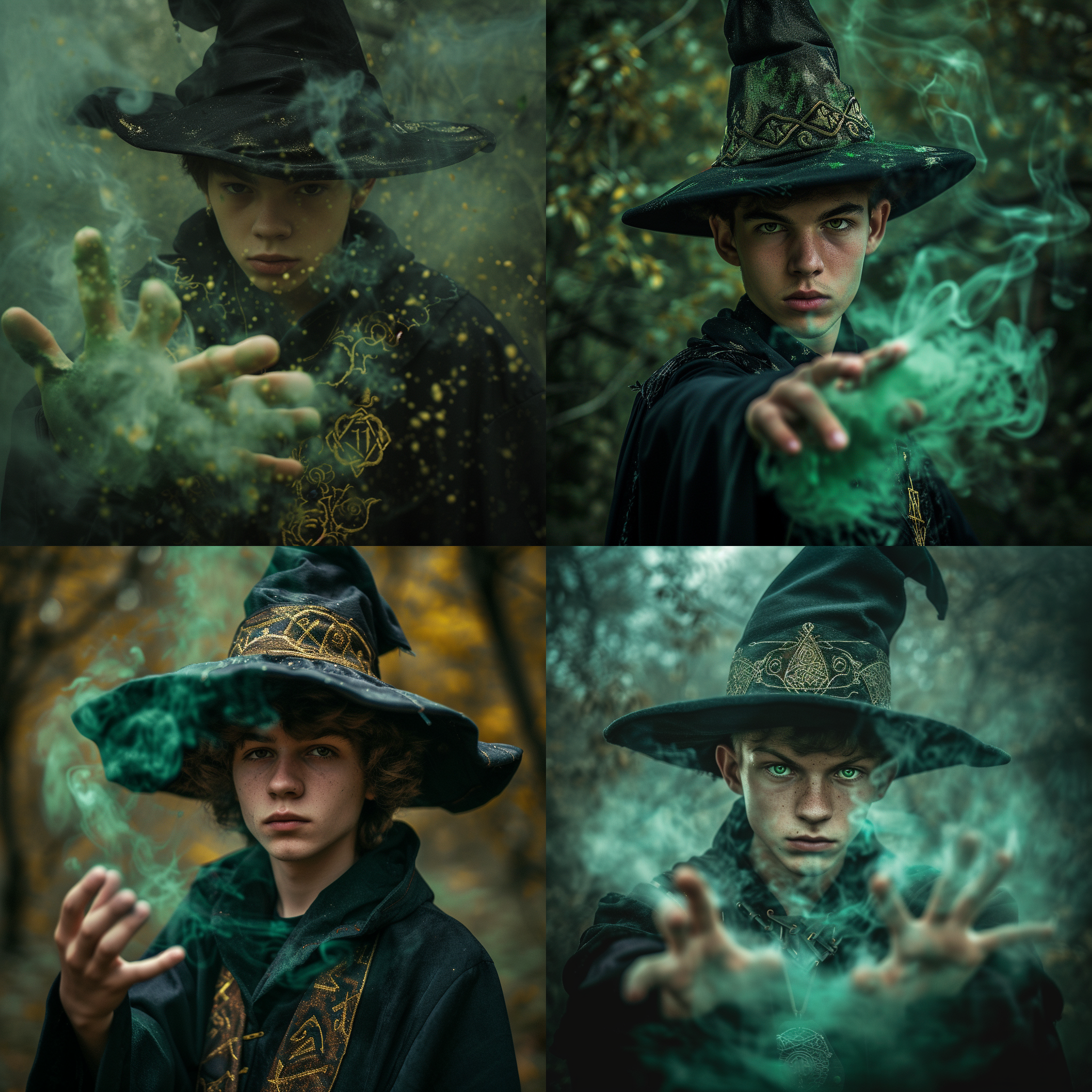 少年戴着巫师帽子，施展毒魔法。背景是一个古老的魔法森林，充满神秘和幻想。他的魔法发出绿色的烟雾，环绕着他的手指。构图对称，使用广角镜头，强调少年的力量。暗色调增强了神秘感。魔法的力量令人着迷，少年目光坚定。少年的服装是黑色长袍，带有金色的符文装饰。神秘，奇幻，力量，暗色调，广角镜头，绿色，巫师，魔法。