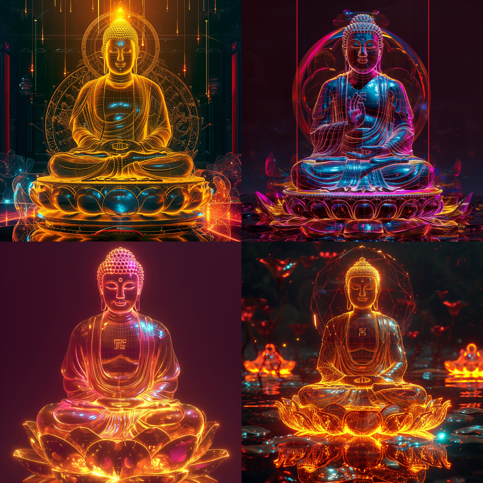 如来佛祖盘膝而坐在金莲上，透明身体散发着神圣威严，佛光普照。照片以正面视角拍摄，使用线框笔触和发光描边突出佛祖的全息效果。层叠构图和水晶核心增强了神秘感。明暗对比和霓虹色彩营造了宏伟庄严的氛围。全身特写镜头和直视摄像机捕捉到佛祖的灵动眼神。