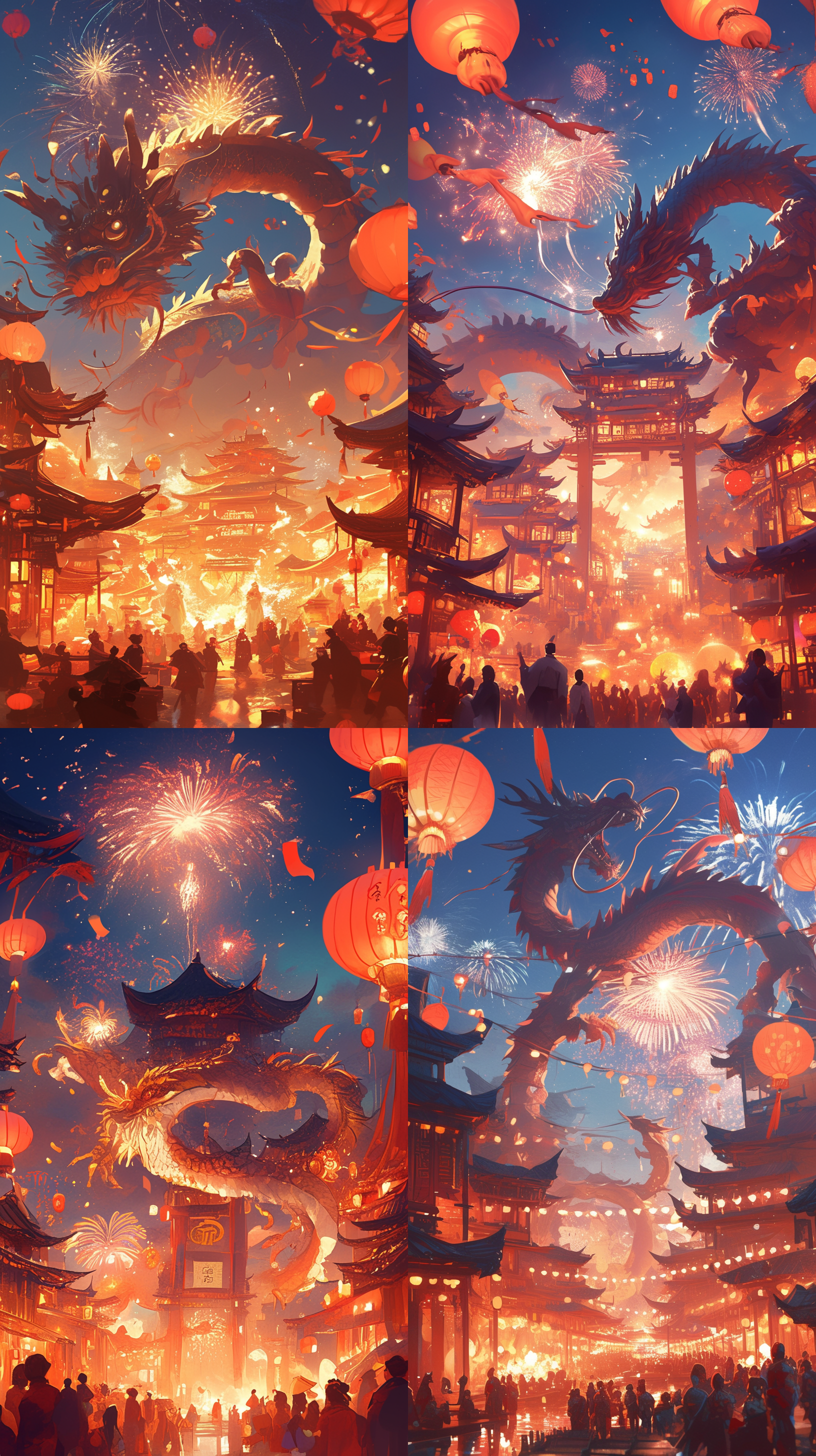 龙年春节背景，烟花绽放在夜空中，周围龙舞动盈袖，红色灯笼点缀，五彩斑斓的灯光映照出喜庆的氛围，高分辨率，喜庆的氛围，对称构图。高分辨率, 烟花绽放, 夜空, 龙舞动盈袖, 红色灯笼, 五彩斑斓的灯光, 喜庆的氛围, 对称构图。