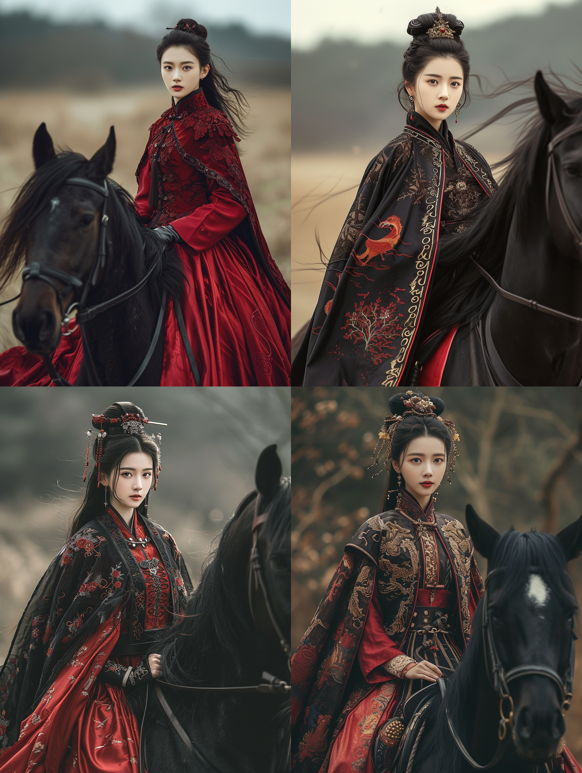 prompt. 中国美女，马面裙，披风，黑色骏马，真实拍摄，全身照，专业级摄影，运动镜头，细节刻画到位，飞驰，自信，优雅，传统与现代融合，高速动感，决心。