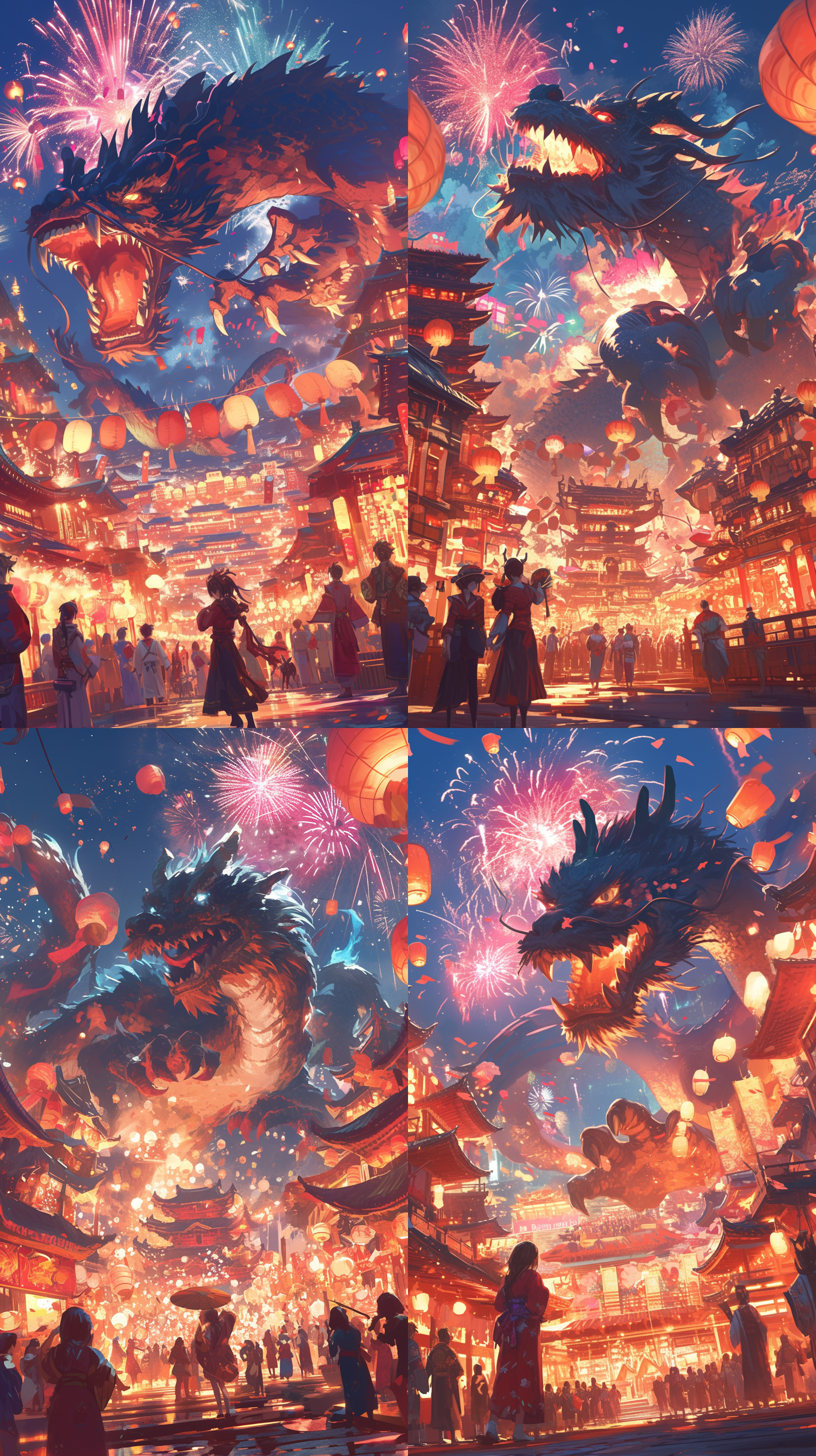 龙年春节背景，烟花绽放在夜空中，周围龙舞动盈袖，红色灯笼点缀，五彩斑斓的灯光映照出喜庆的氛围，高分辨率，喜庆的氛围