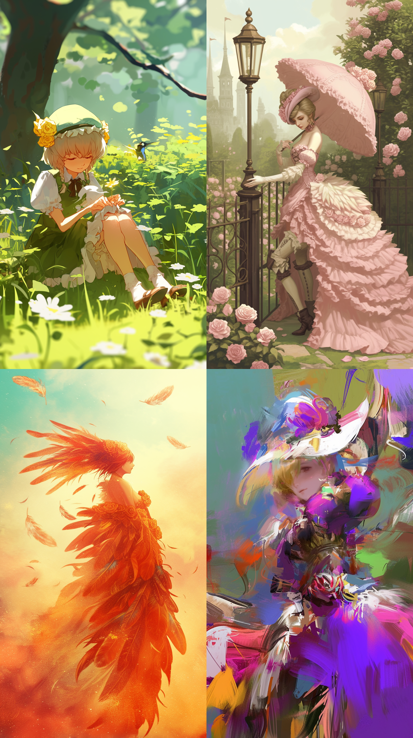 prompt. 女子穿五色羽毛裙和戴玫瑰花帽，俊俏美丽，生动色彩，自然环境，柔光，欢快动作，梦幻元素，细节丰富，温暖情绪。