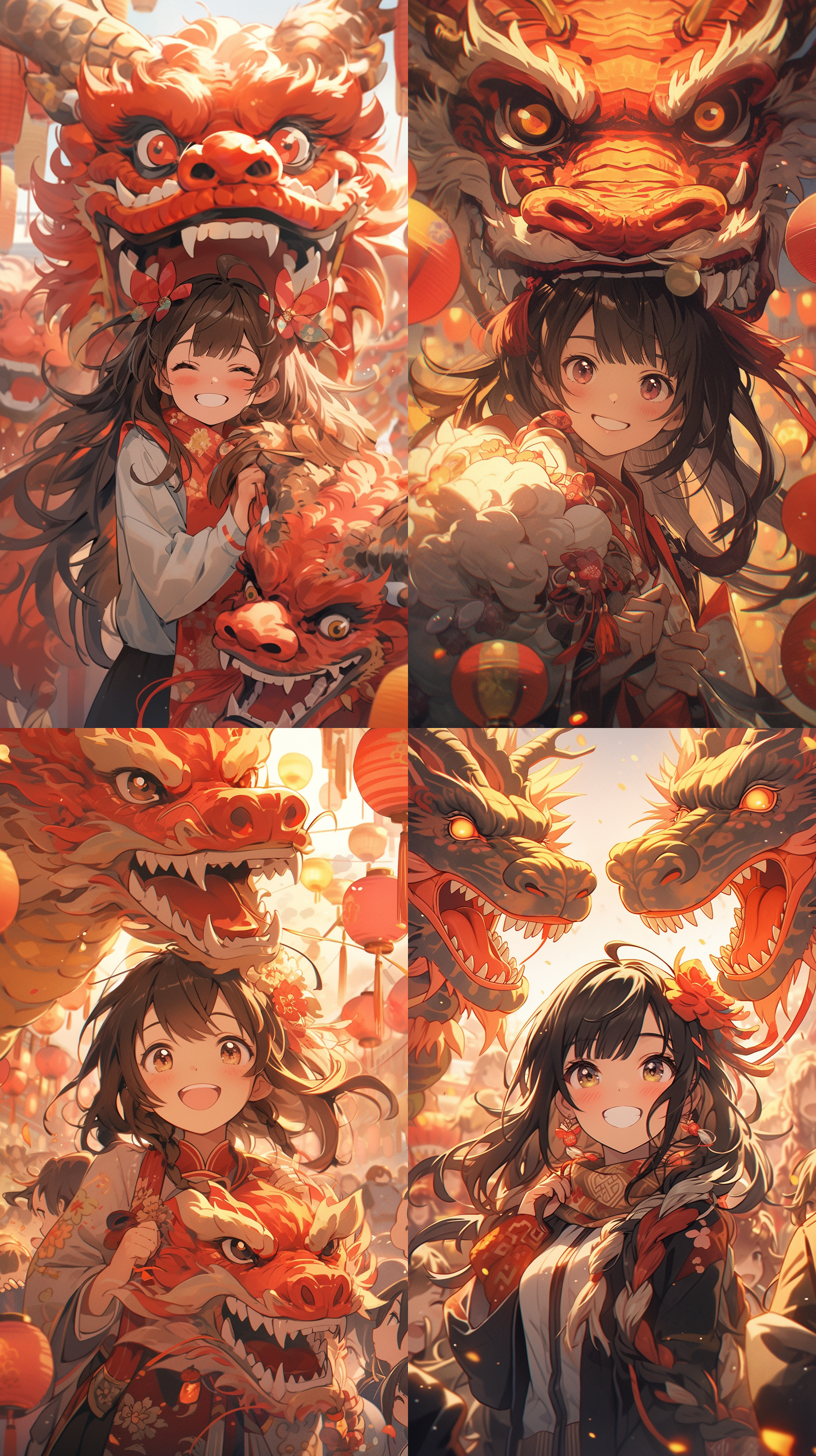 可爱的女孩灿烂的笑，可爱愚蠢的中国龙在女孩身后，春节背景，烟花绽放在夜空中，周围龙舞动盈袖，红色灯笼点缀，五彩斑斓的灯光映照出喜庆的氛围，喜庆的氛围 像素风格 毕加索