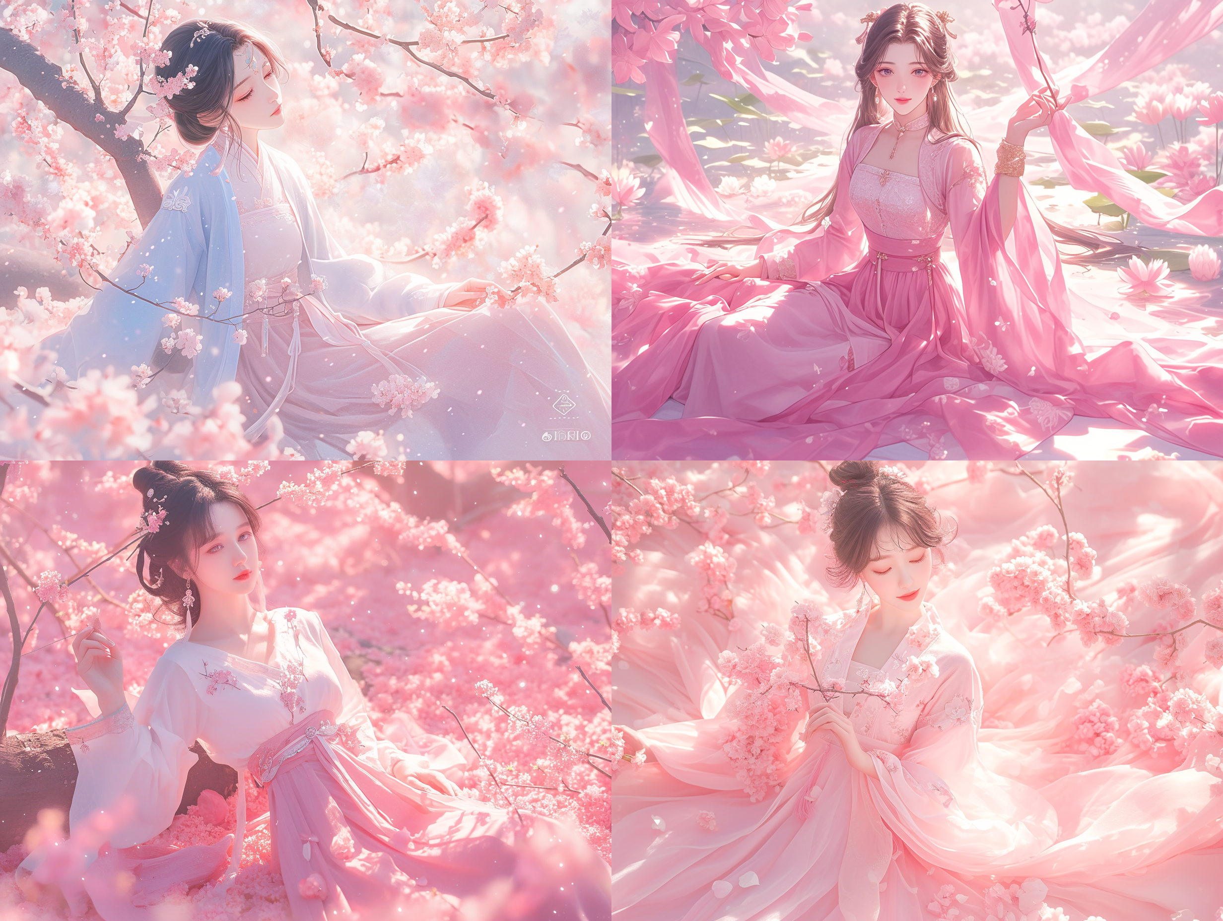 prompt. 国色天香，汉服仕女，古风摄影，花海中，柔和光线，正襟危坐，端庄优雅，粉色调，静谧优雅，微笑。