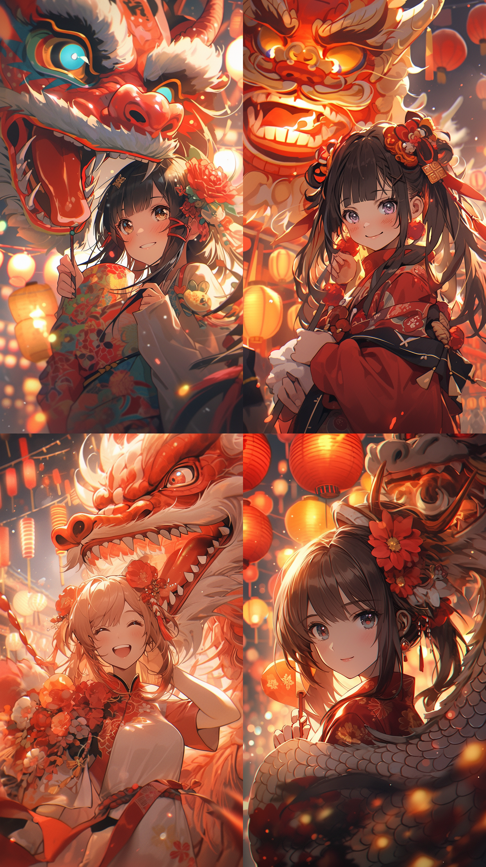 可爱的女孩灿烂的笑，可爱愚蠢的中国龙在女孩身后，春节背景，烟花绽放在夜空中，周围龙舞动盈袖，红色灯笼点缀，五彩斑斓的灯光映照出喜庆的氛围，喜庆的氛围 宫崎骏