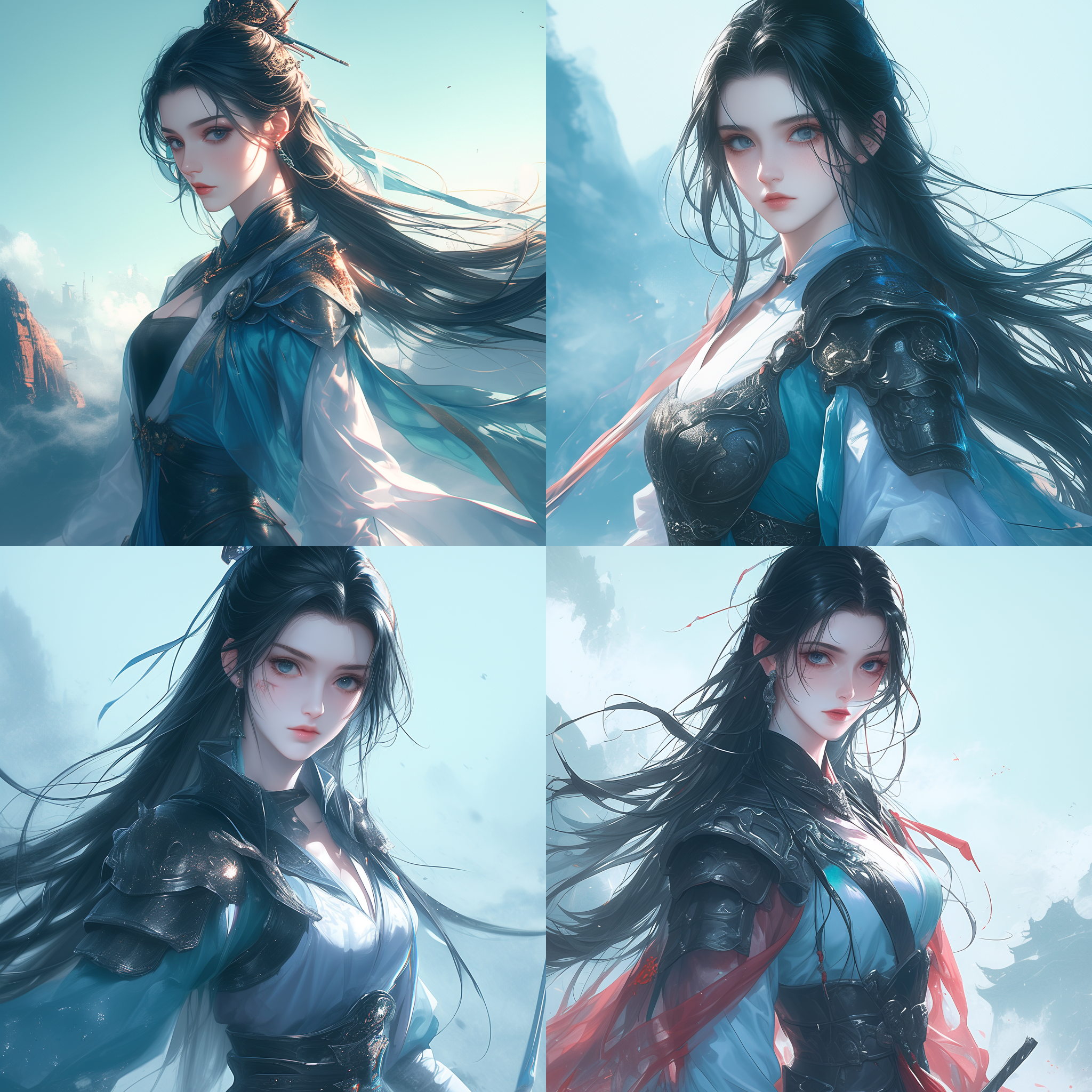 仙侠侠女，黑发披肩，完整半身像，身着华丽战甲，站在山巅，背景是迷雾弥漫的古老寺庙，光线柔和，色调偏暗，镜头使用长焦，呈现出英勇威武的形象，气势磅礴。仙侠，侠女，黑色长发，完整半身像，华丽战甲，山巅，迷雾，古老寺庙，柔和光线，暗色调，长焦，英勇，威武，气势磅礴。 半身 武侠