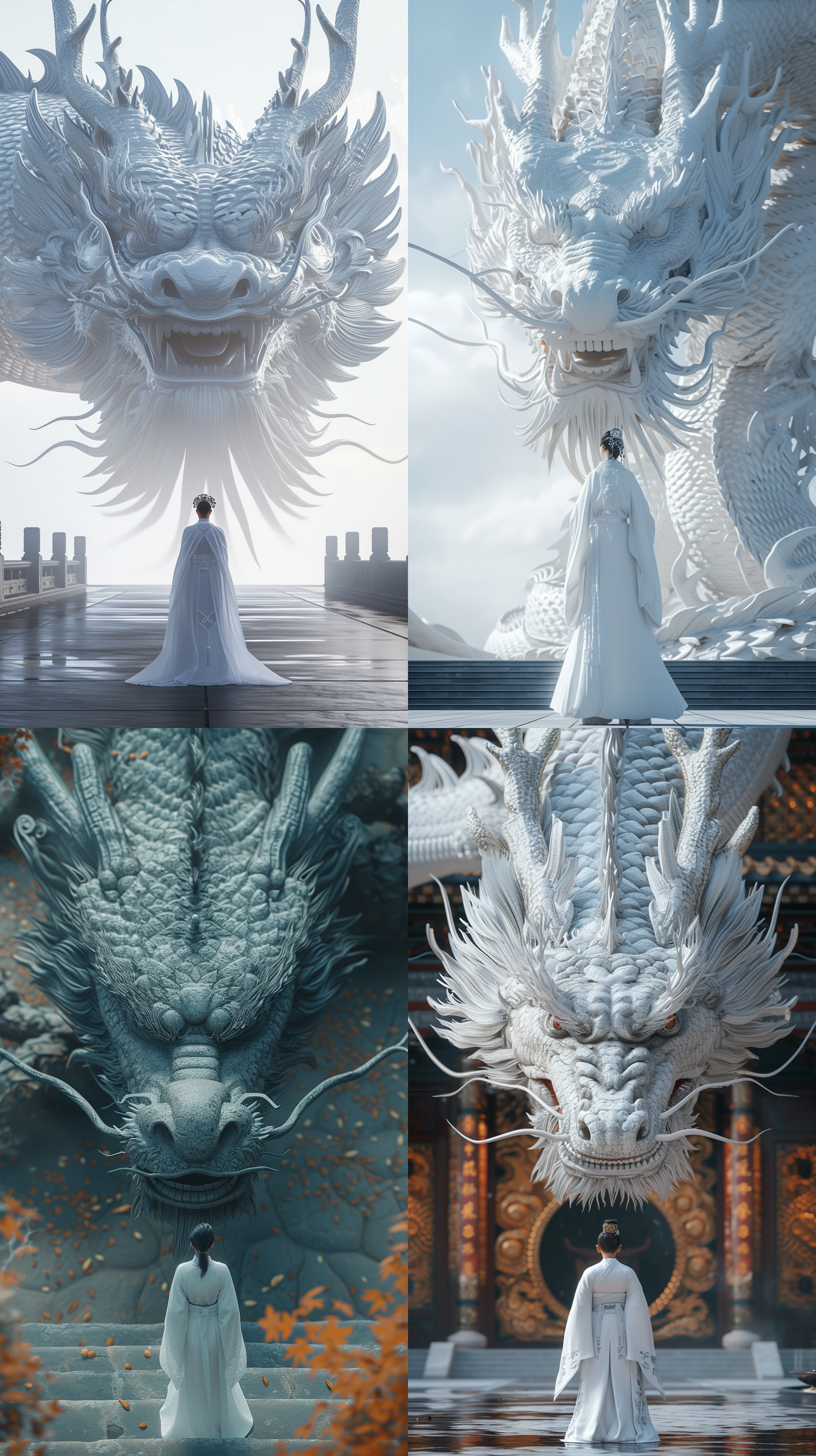 drone view,in front of the relievo dragon stands a chinese a fat, short, short, black haired 40 year old,white,wearing a gorgeous hanfu,white,chinese relievo dragon,dream scene, grand scene,minimalism,chinese dragon,c4d rendering,surrealism,meticulous design, asymmetrical balance,master works, movie lighting, ultra hd, fine details, color grading,32k