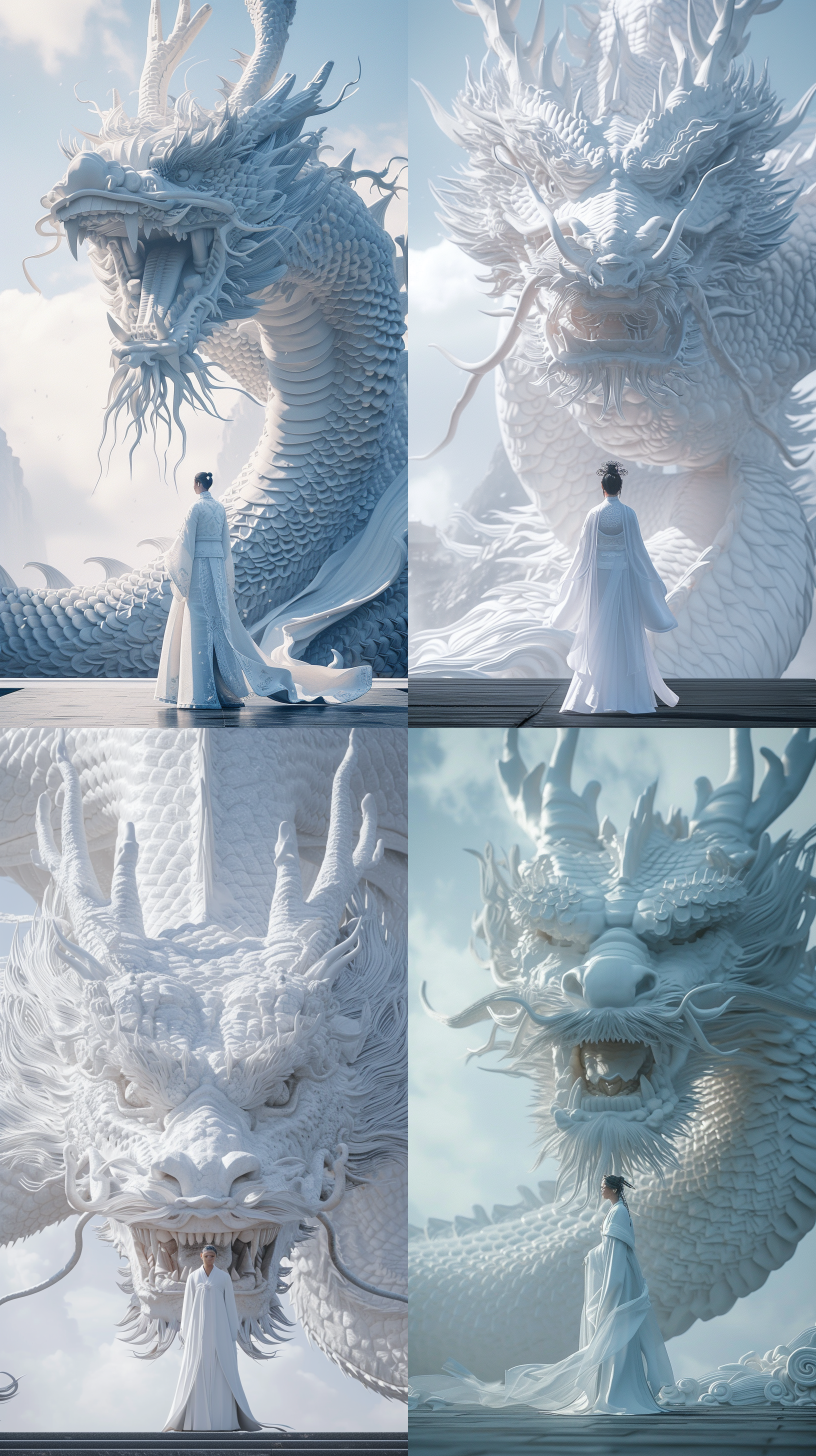drone view,in front of the relievo dragon stands a chinese a fat, short, short, black haired 40 year old,white,wearing a gorgeous hanfu,white,chinese relievo dragon,dream scene, grand scene,minimalism,chinese dragon,c4d rendering,surrealism,meticulous design, asymmetrical balance,master works, movie lighting, ultra hd, fine details, color grading,32k