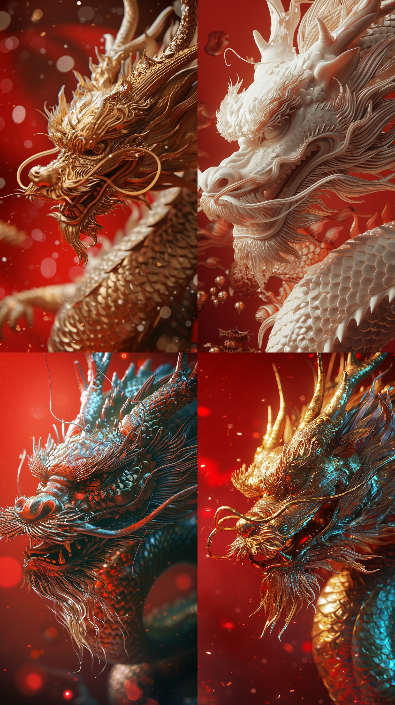 新年龙壁纸，立体浮雕，威武霸气，3d渲染，细节惟妙惟肖，红色背景，俯瞰角度，闪耀光芒，8k画质，搅拌机材质，树脂材质，uhd莱卡镜头，神话生物，新年插画。