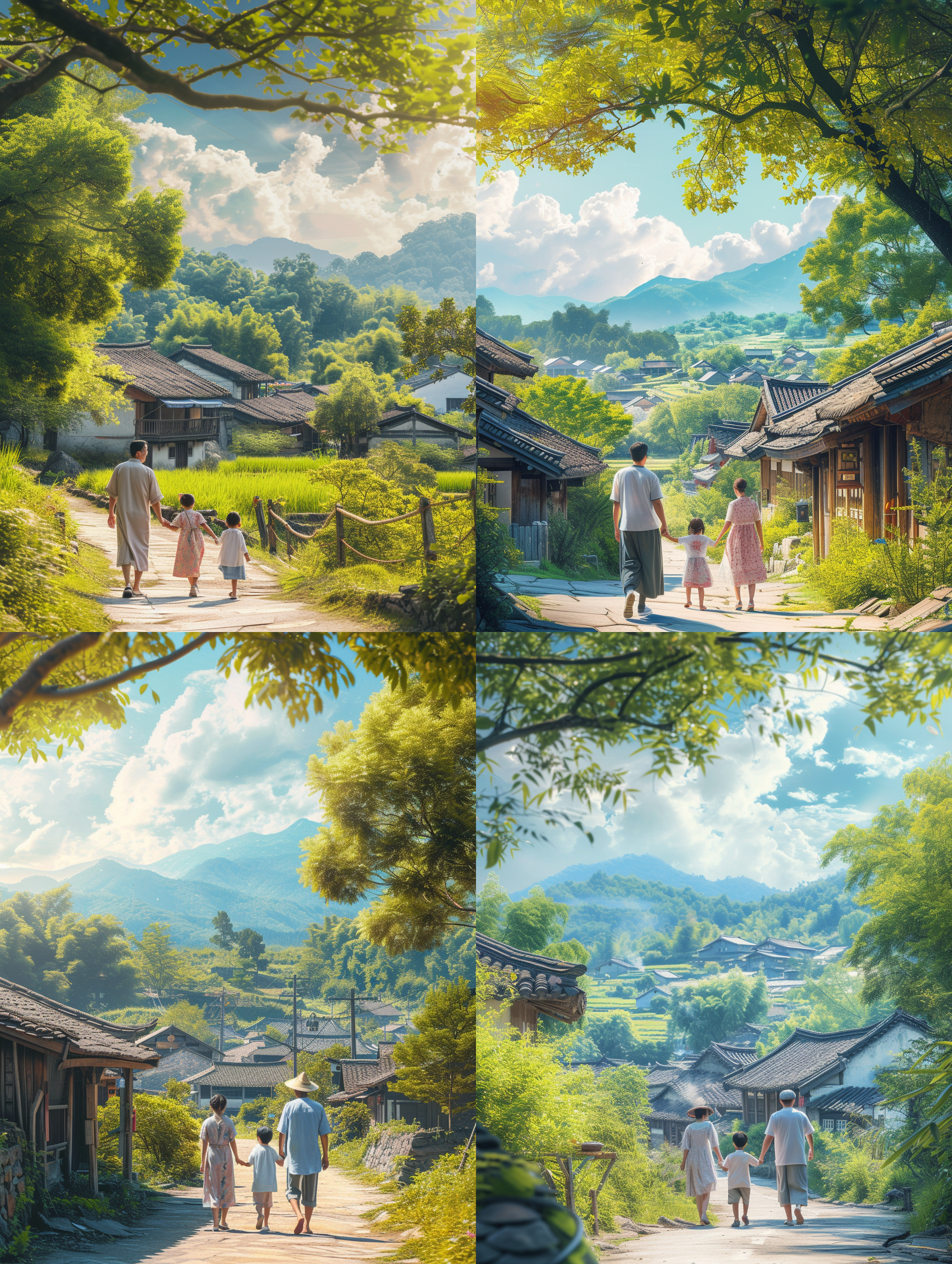村庄景色如画，明亮的天空下，绿树成荫，田地丰收。画面采用水彩画风格，色彩鲜艳温暖，线条柔和流畅。一家人手牵手欢快地走在乡间小路上，身着传统服饰，笑容灿烂。搭配广角镜头，自然光线，平衡曝光，自然动作，温馨和谐。