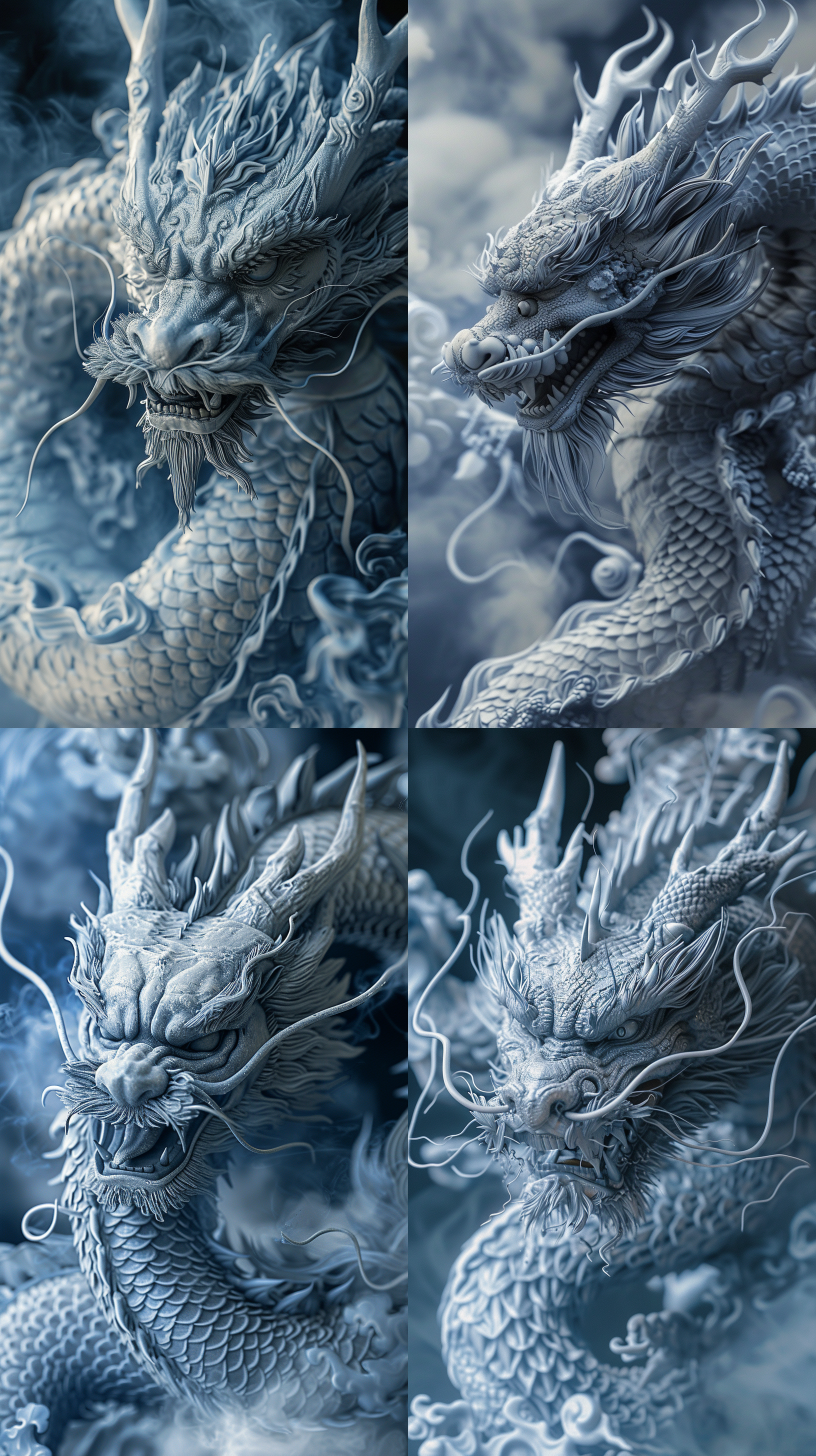 prompt. 亚洲龙，深蓝色，周围有云朵，幻觉超写实风格，创新的角色设计，彼得·格里克，特写，托德·麦克法兰，单色调，3d效果。