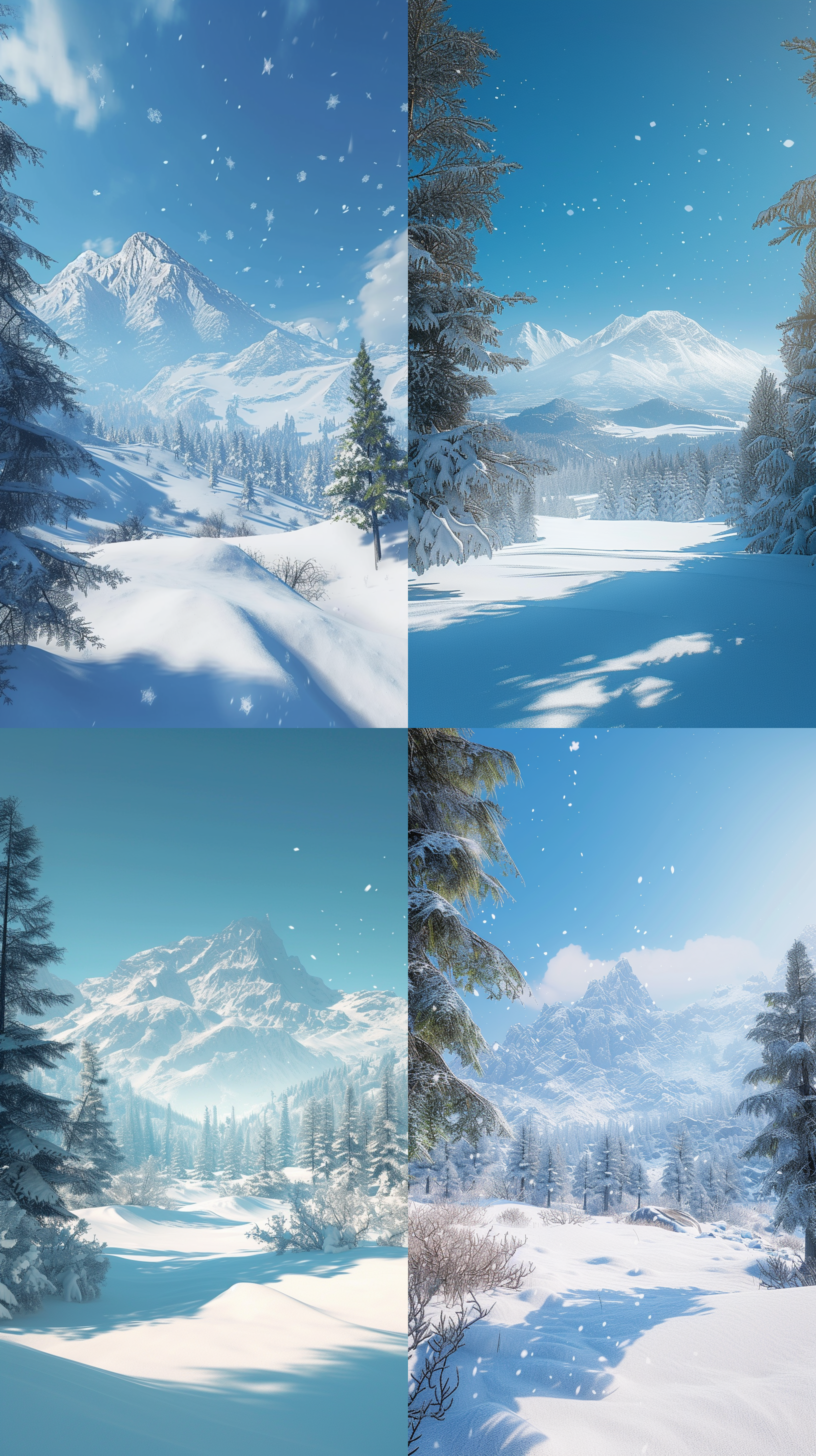 雪后初晴，雪山背景，有雪松。雪蓝天色，清晰明亮。画面中央是一片广袤的雪原，远处是雄伟的雪山，山顶上覆盖着洁白的积雪。雪松矗立在画面左侧，给整个场景增添了神秘感和稳定感。风吹过，飘落的雪花在阳光下闪烁。寒冷的气息与宁静的景象形成鲜明对比，令人心生敬畏。雪山，雪原，雪松，蓝天，阳光，风雪，冷酷，神秘，宁静。