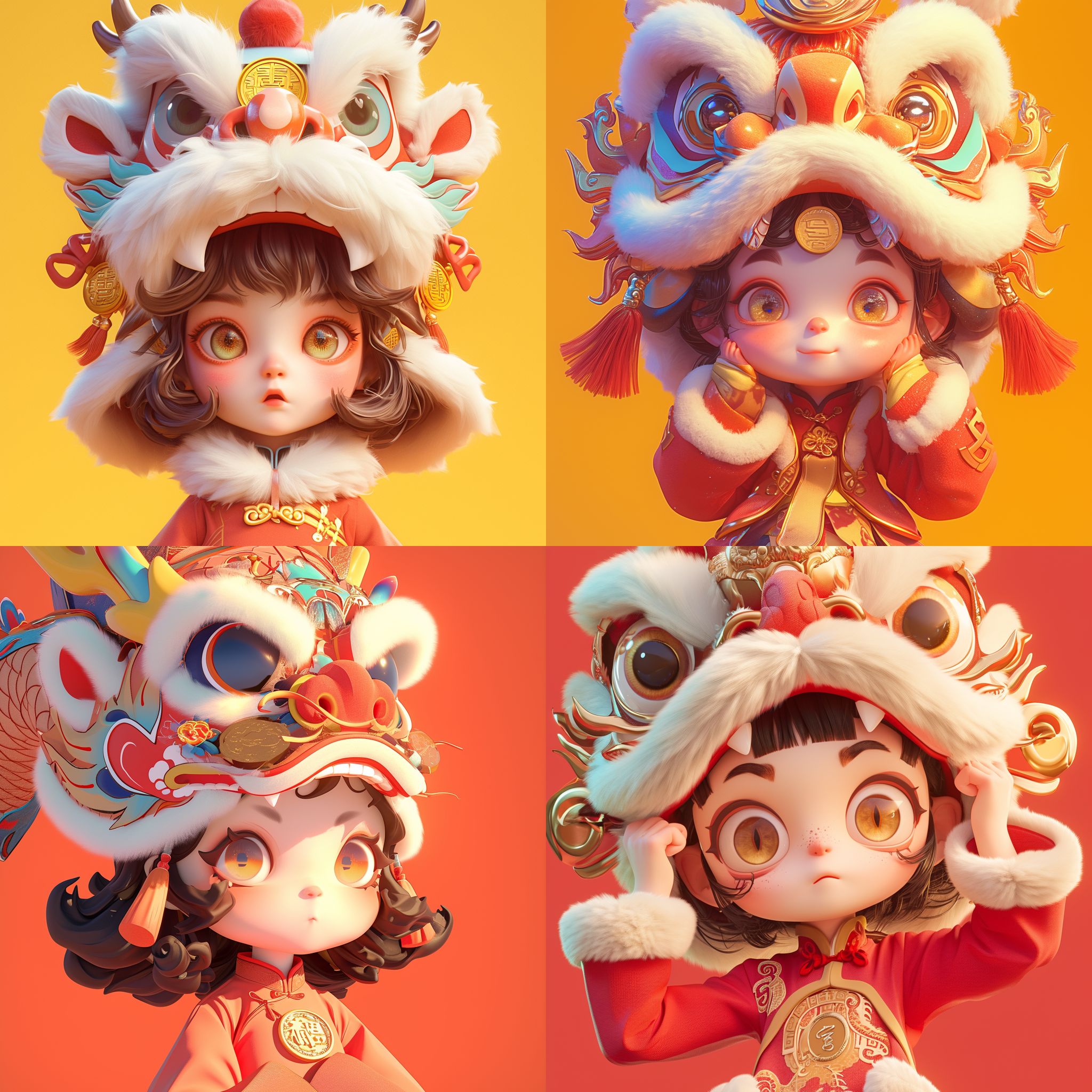 prompt. 可爱女孩戴中国龙帽，龙年主题，大眼睛，金币装饰，皮克斯风格，ip设计，8k分辨率，树脂材质，最佳oc渲染质量，强光效果，超细节，3d渲染，高清。