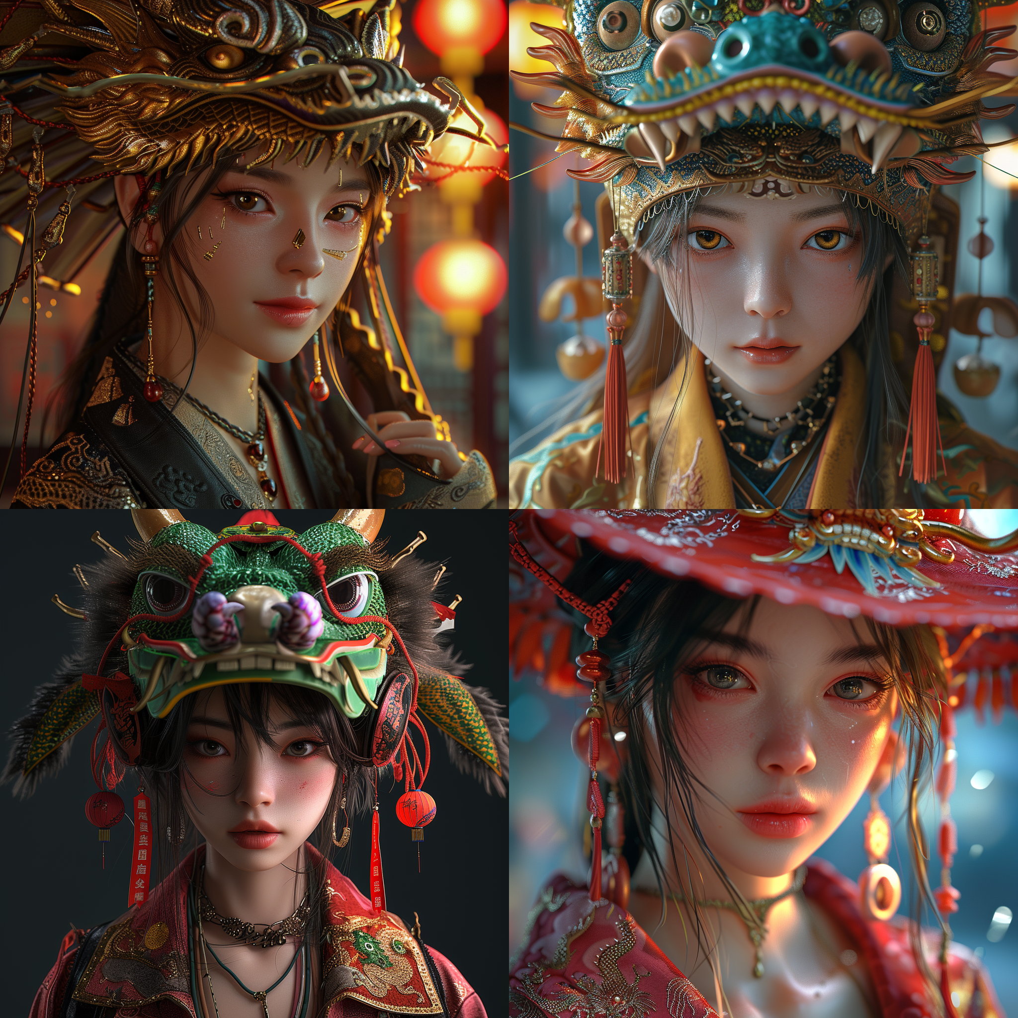 御姐风女性，中国龙帽，时尚潮流服装，新年元素，自信姿态，赛博朋克风格，8k相机，树脂材质，oc渲染，明亮光线，丰富细节，特写，卡姿兰大眼睛，喜庆氛围。