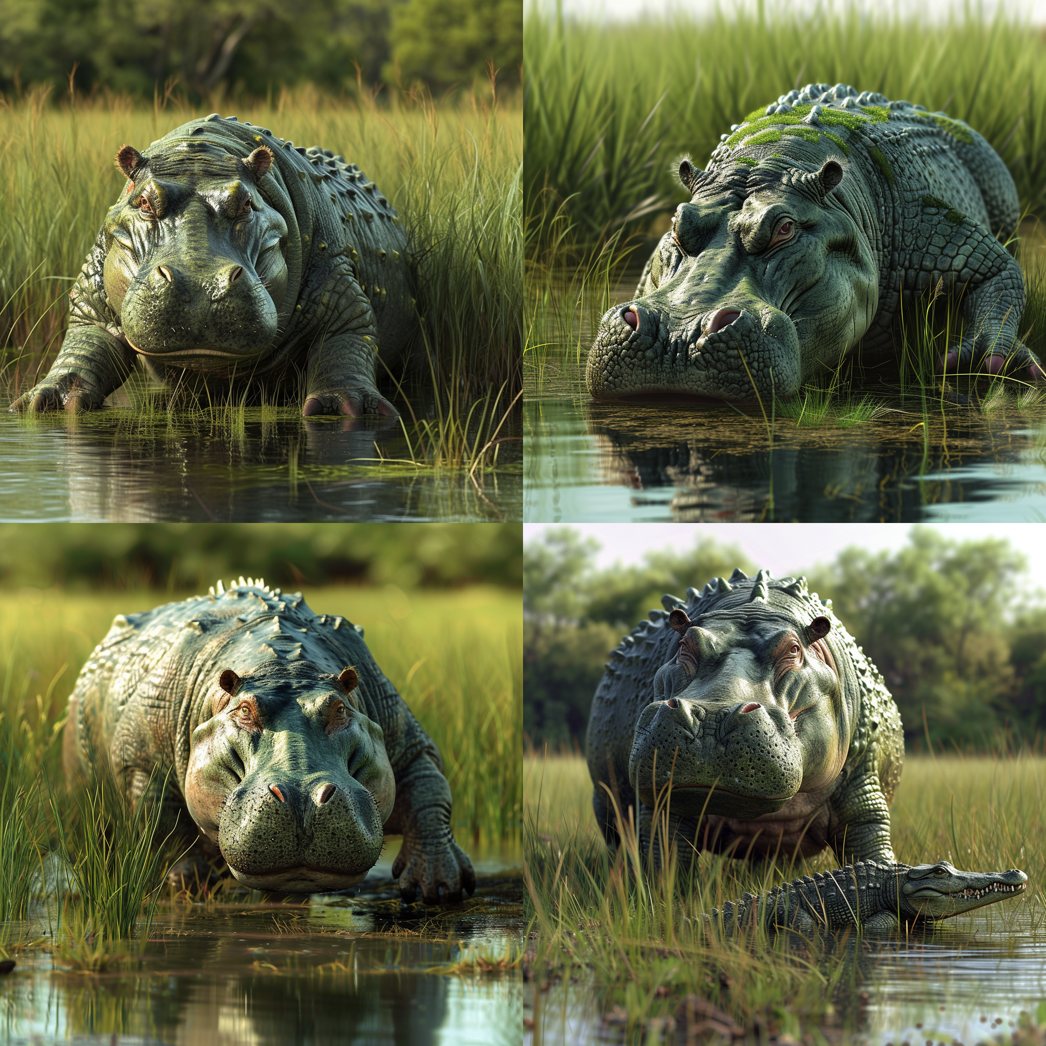 prompt. 河马头和鳄鱼身体尾巴爪子，草原环境，水草遮挡，炎热天气，中景镜头，动物全身，自然光，静态姿势，草地对比，绿色调，奇特组合，平静。