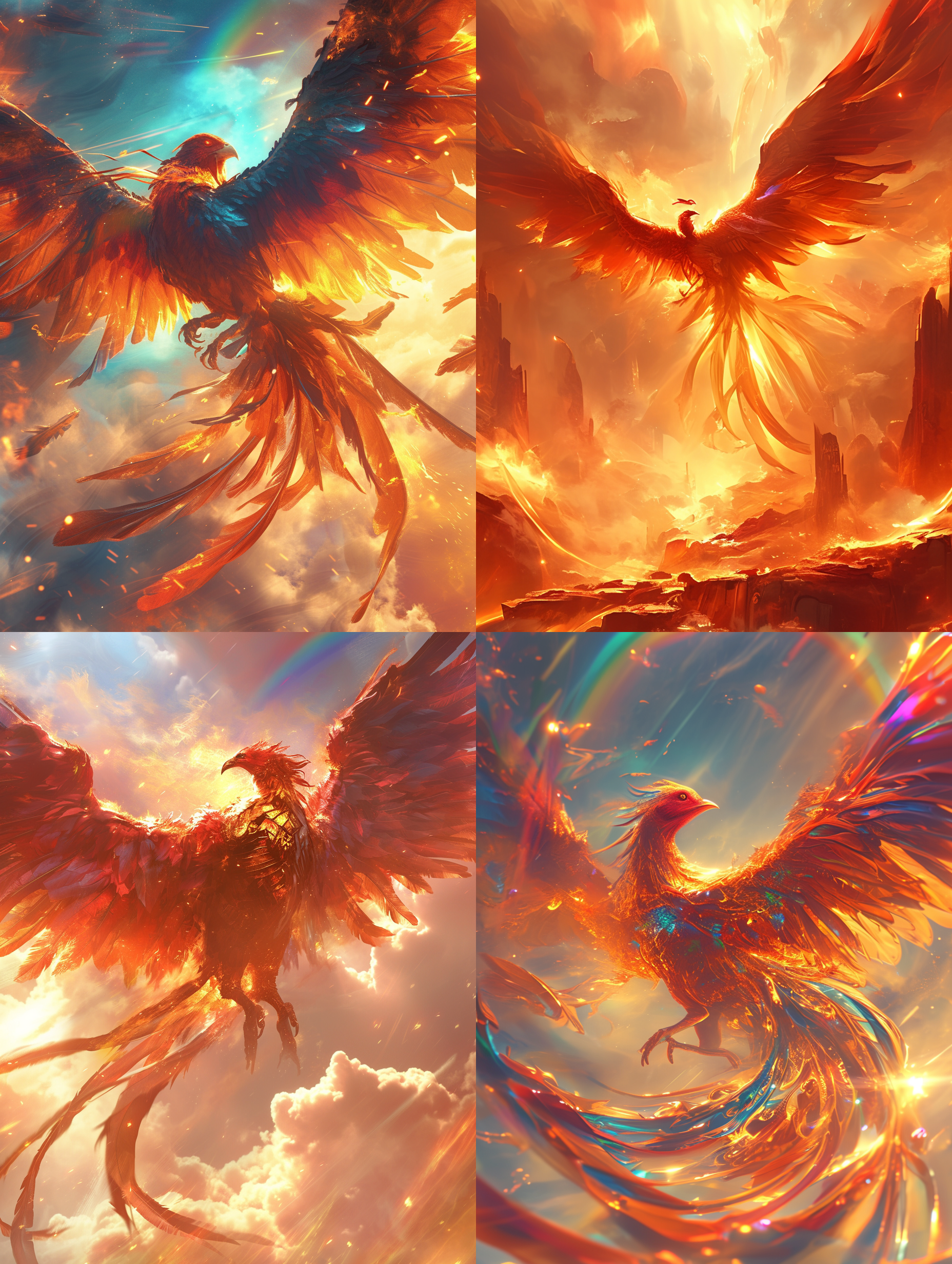 prompt. 凤凰飞天，彩虹相伴，火红色羽毛熠熠生辉，层次分明，肌理清晰，神话生物，细节狂魔，3d渲染，玄幻引擎，特写镜头，幻想，视频拍摄，清晰外观，最佳画质，梦幻云雾细节，uhd,8k，莱卡镜头。