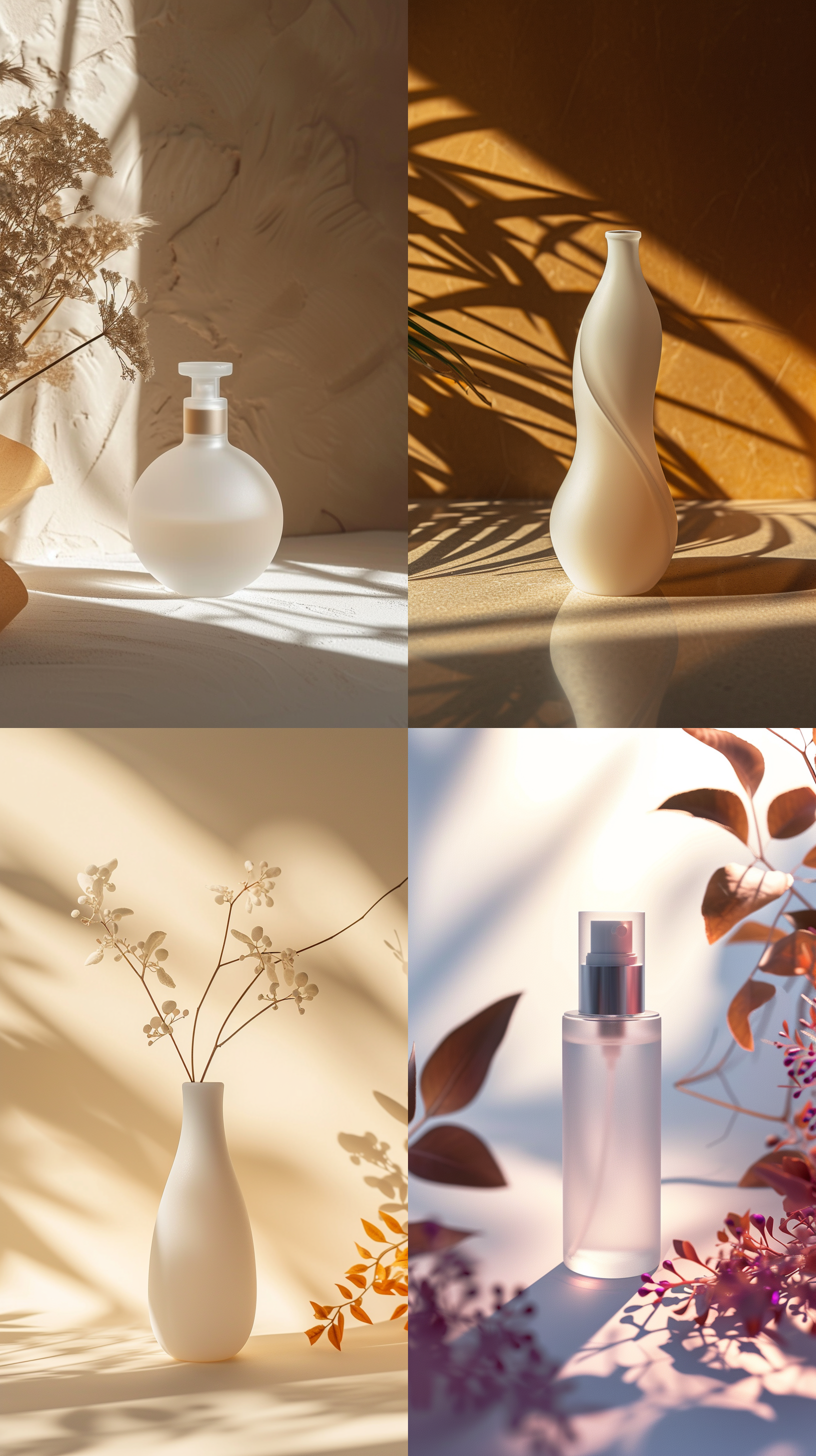 prompt. 白色磨砂瓶，暖色调，高对比度，侧面拍摄，细节突出，光影交错，柔和光线，温和妆容，自然氛围。