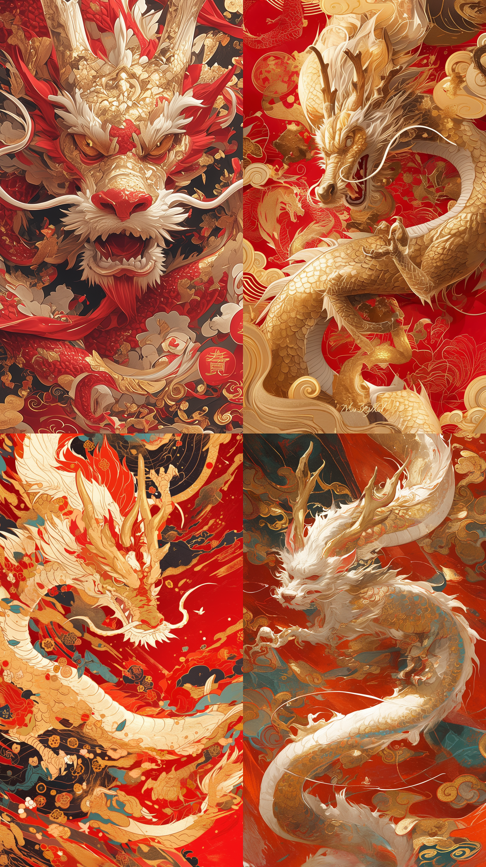 prompt. 中国龙壁纸，格雷格·奥尔森风格，明亮的红色和金色，红色背景，德米特里·斯皮罗斯，安娜和埃琳娜·巴布索，大画布格式，卡特尔核心，详细背景，32k-s 450-ar 3:4-niji 6。