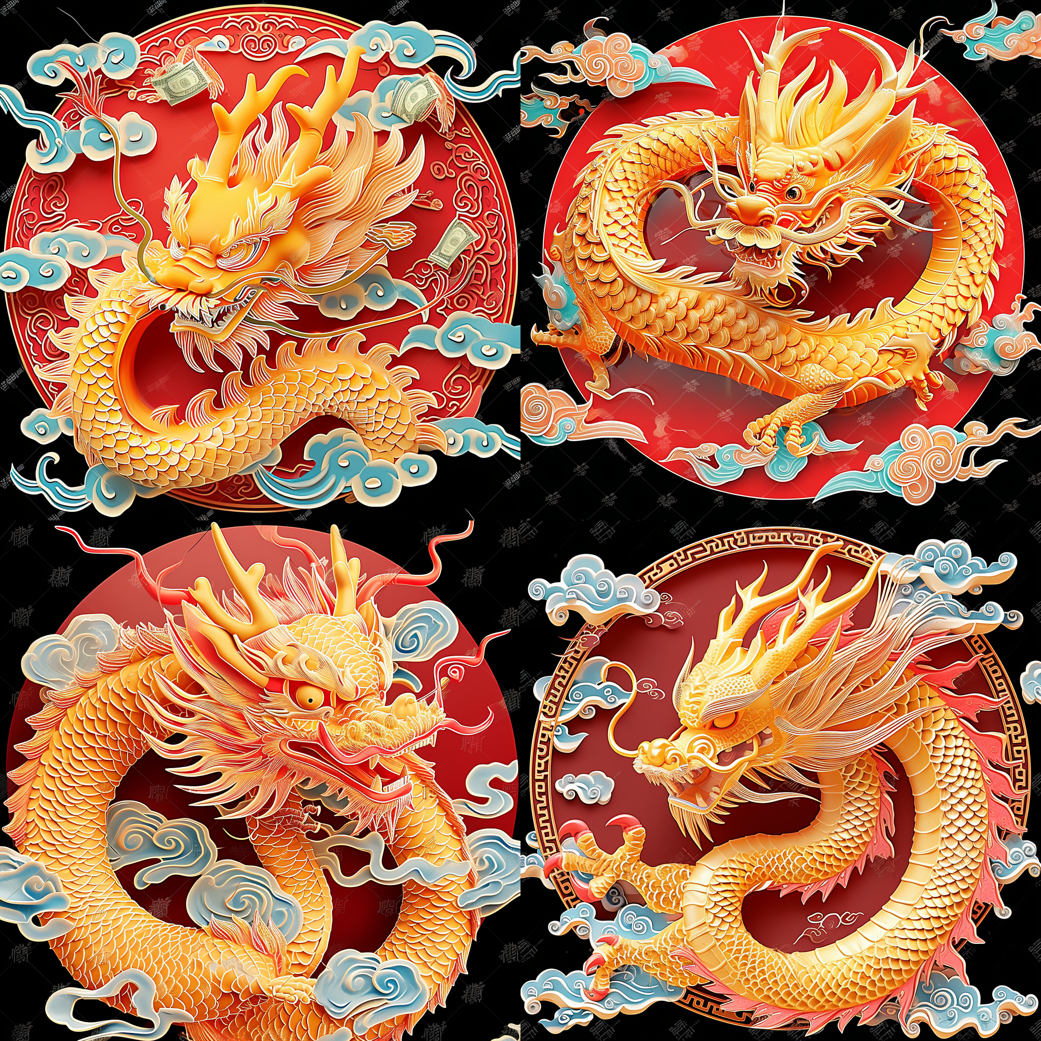 prompt. 中国龙，中间是金钱，3d,喜庆色彩，8k高清，细节,超高分辨率,传统风格，金色鳞片，红色龙须，细节丰富，逆光拍摄，恢宏壮丽，祥瑞氛围，华丽装饰，威严表情。