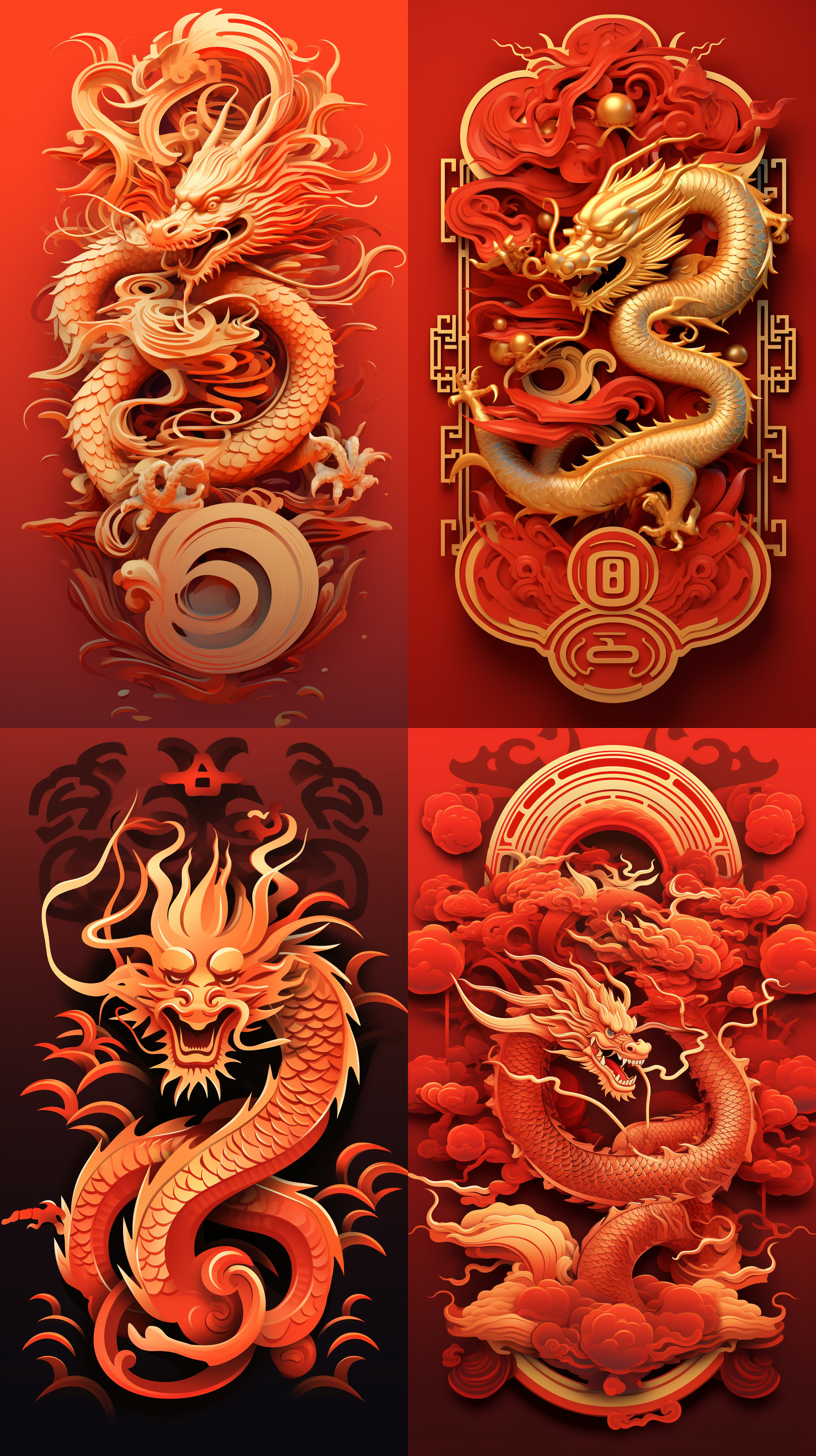 金色新春龘吉书法字体，结合抽象龙，简洁，红色背景