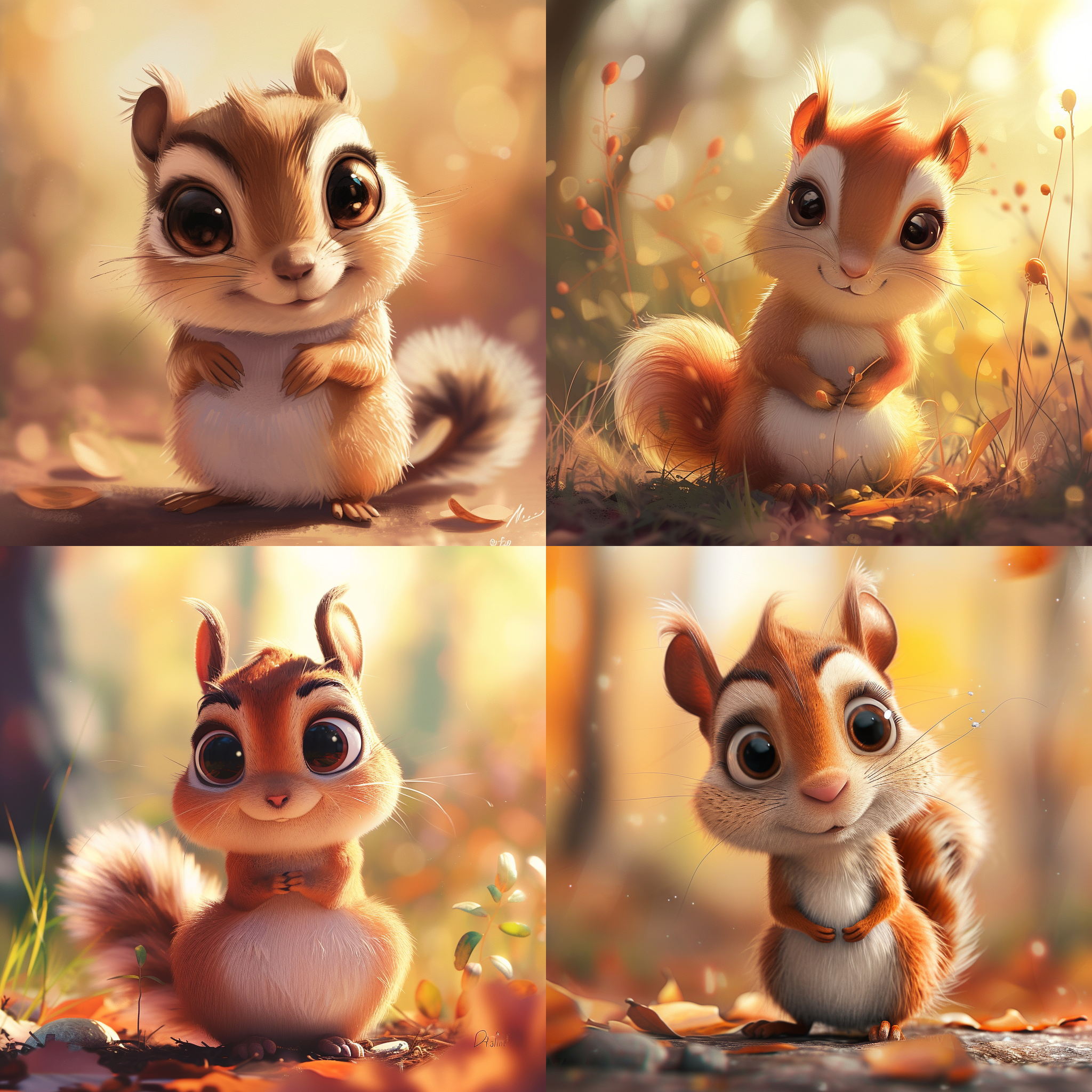 prompt. 花栗鼠动漫形象设计，可爱卡通风格，大眼睛，松软毛发，花纹尾巴，橘色与白色，活泼表情，自然背景，柔和侧光，中焦镜头，温暖色调，欢快动作，童趣情感。