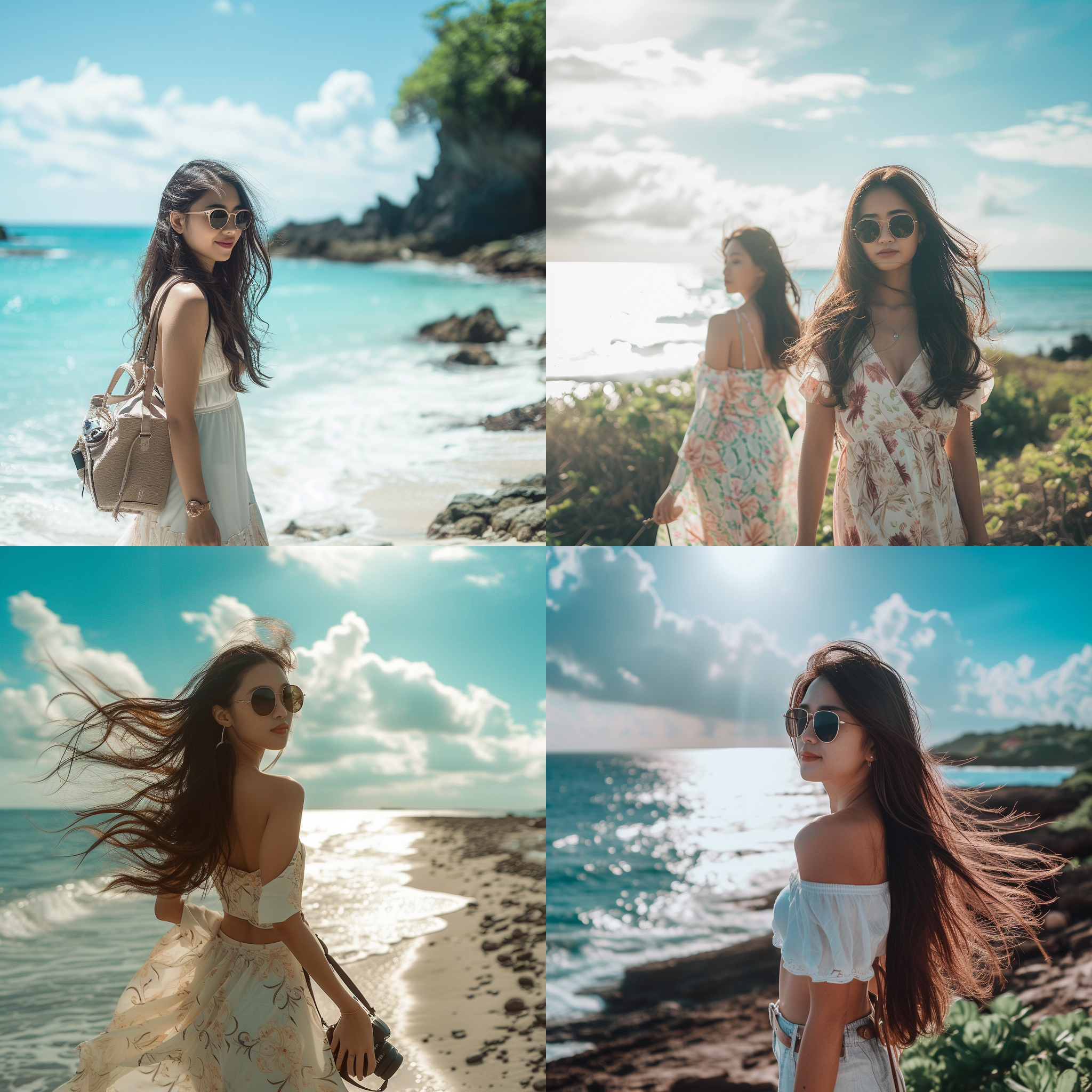 prompt. 亚裔女性海岛散步, 沙滩背景, 长发连衣裙, 墨镜, 佳能相机, 阳光突出, 全身入境, 高光, 蓝色海洋, 轻松, 夏日氛围。
