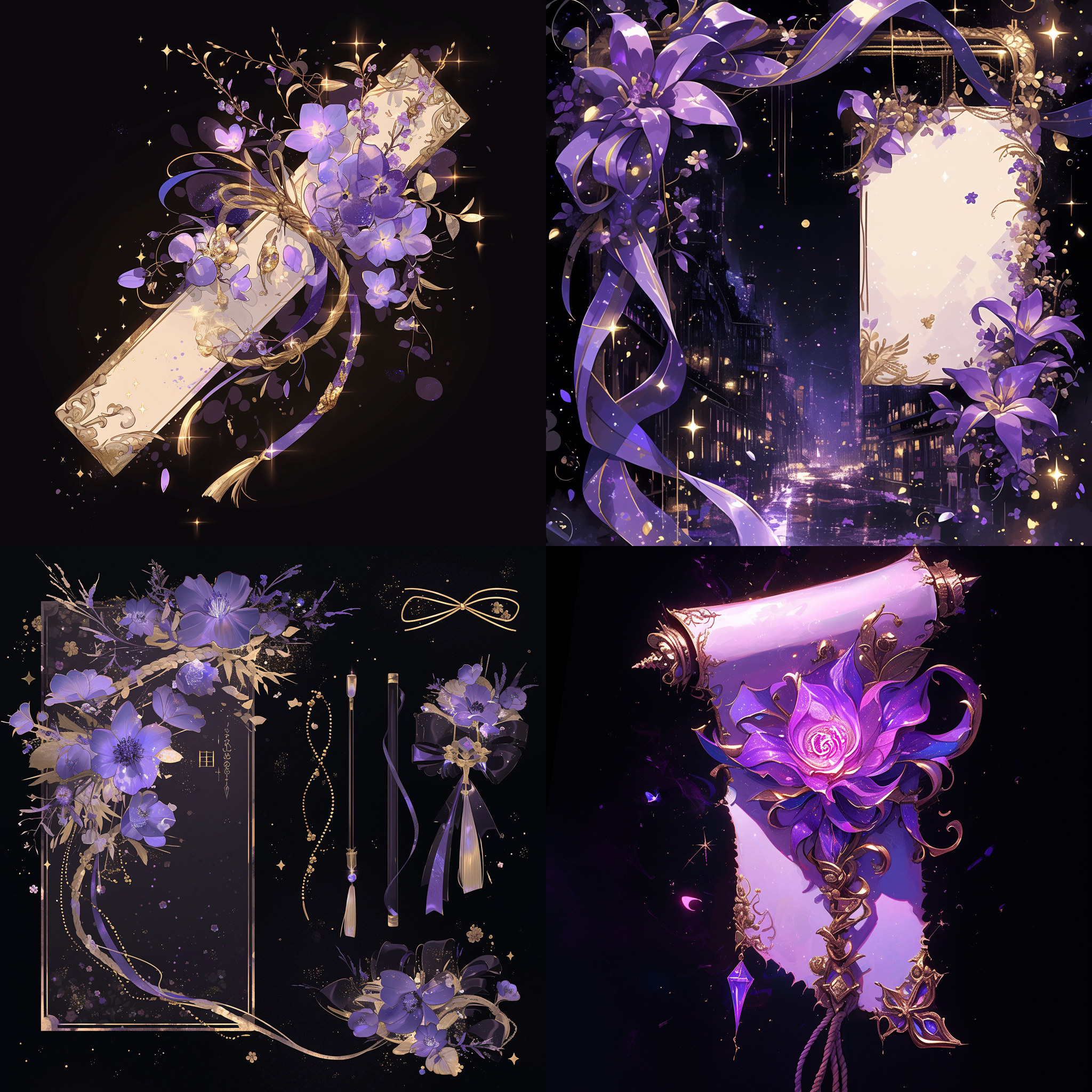 黑色背景，有一个用绳子绑起来的紫色的信纸，融合紫簪花元素的信纸，闪闪发光的，信纸上有一朵紫簪花，欧式信纸，西方，欧式艺术，紫色银色配色 ，苗族主题信纸