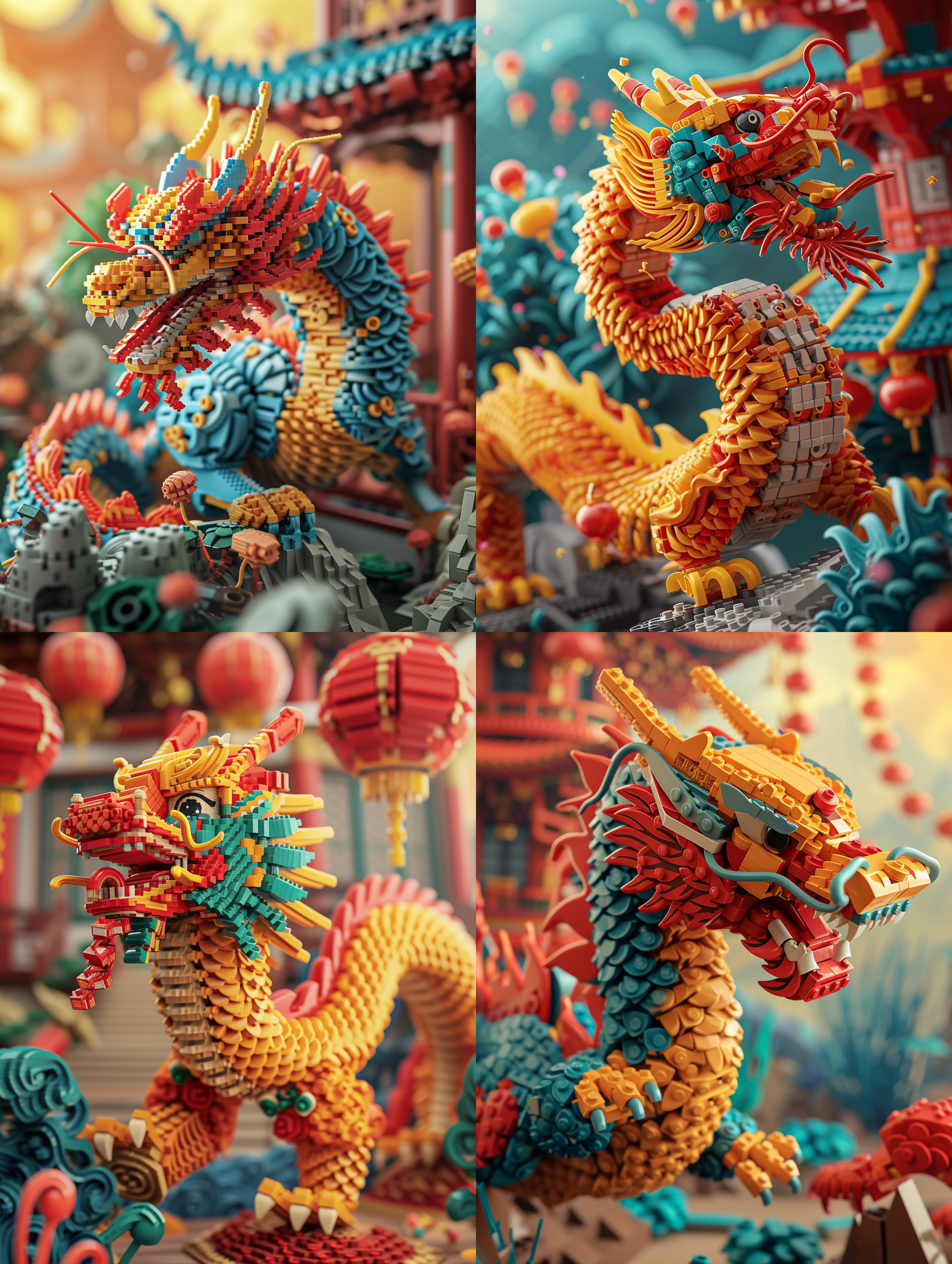 中国龙积木玩具，像素风格，方块工艺，超级细节，超高清画质, 五彩斑斓，庄严肃穆，立体感，灯光璀璨，传统与现代，中国古代建筑，中国传统节日春节，积木玩具，极其精细和复杂的构图，超高清画质