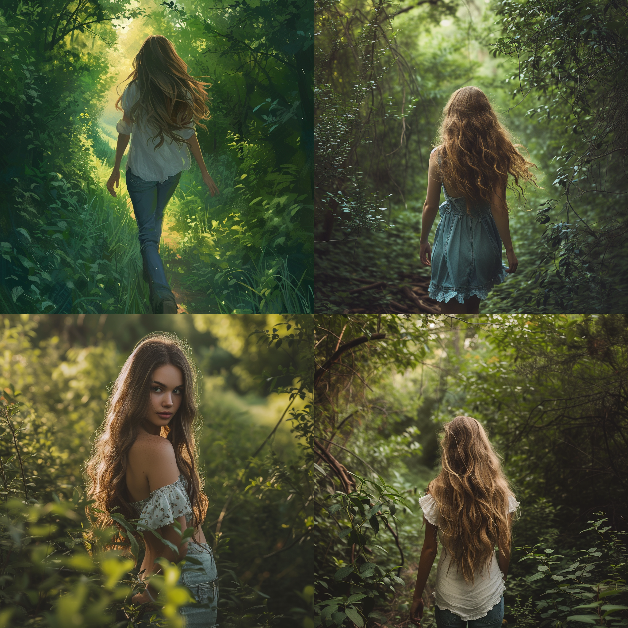 prompt. 长发女孩行走，灌木森林，裙子，牛仔裤，背对，唯美清新，写实风格，高清，环境光，自然动作，绿色调，和谐情绪。