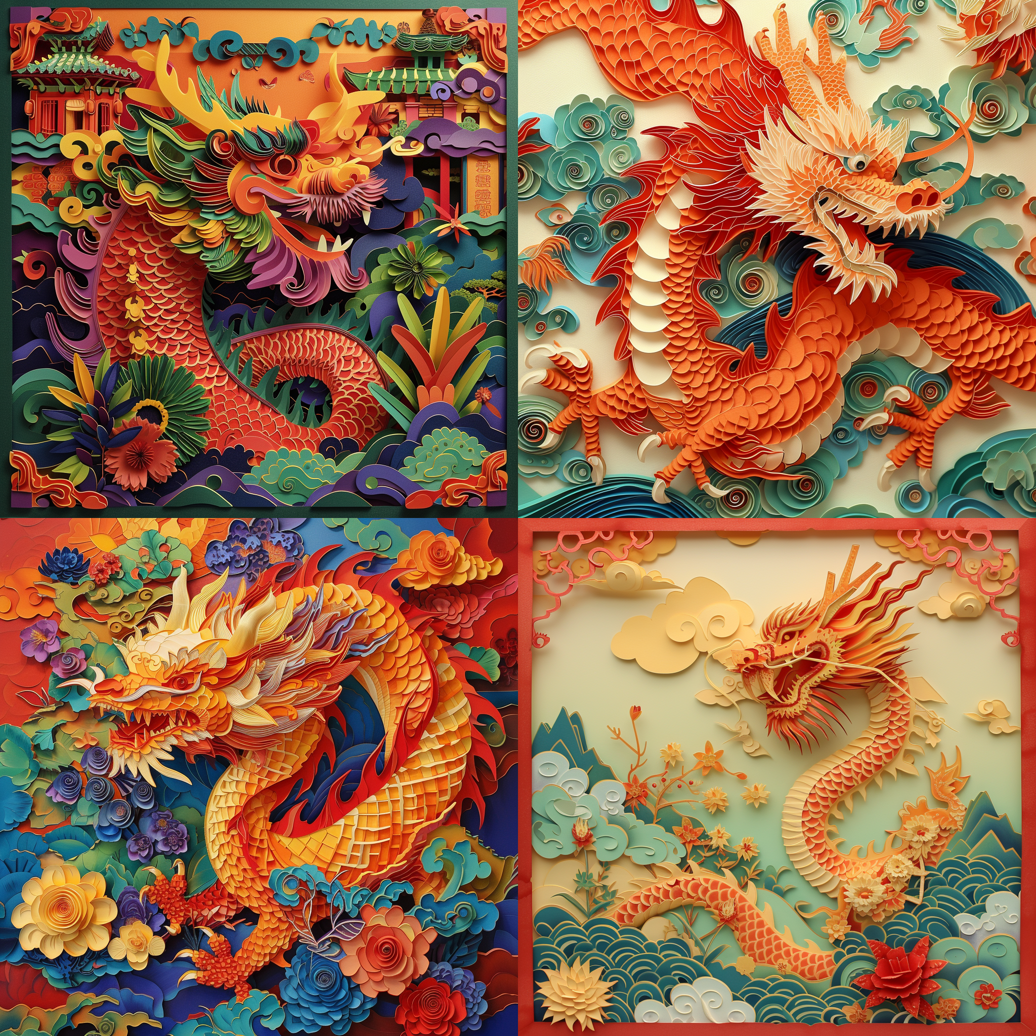 prompt. 中国财富，龙年剪纸艺术，立体多维剪纸，丰富色彩，节日色调，细节丰富，暖色调，侧光，静态，传统元素，生动，喜庆。