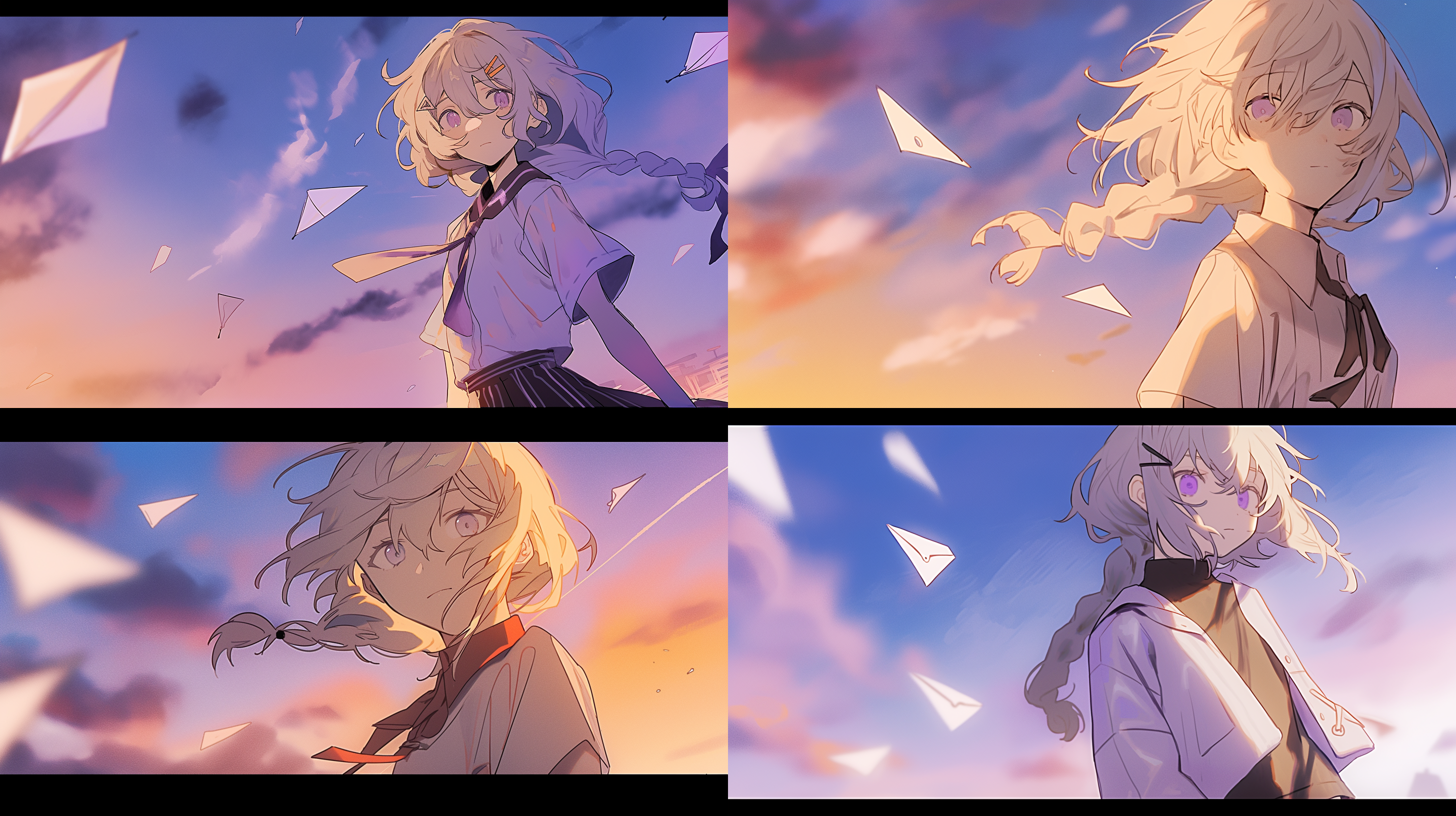 a girl with white hair and purple eyes under the sky 宫崎骏 紫罗兰 白