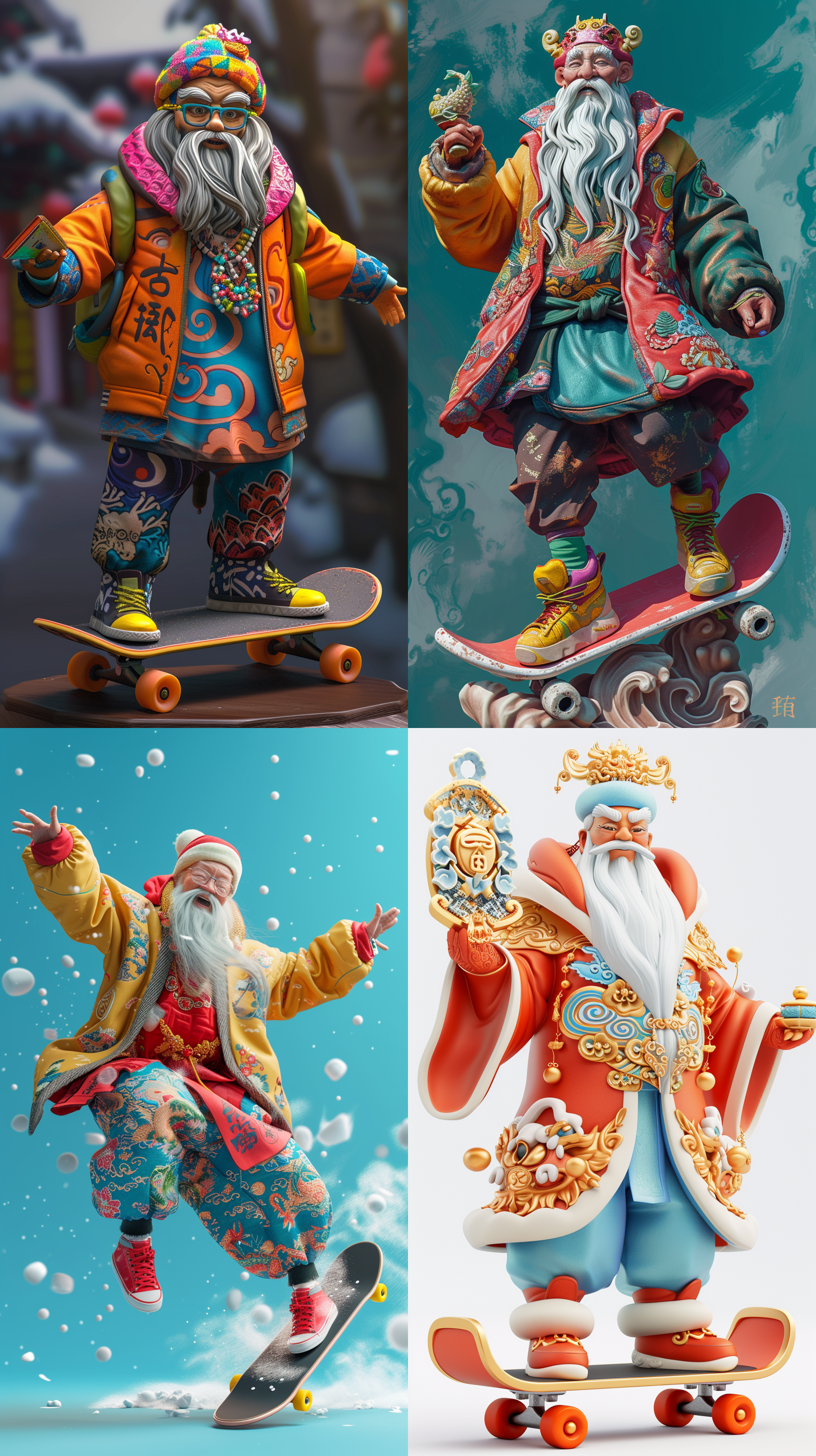 prompt. 中国财神3d卡通风格，冬季时尚装，糖果色衣服，滑板，跳跃，涂鸦，嘻哈元素，潮流肖像，明亮色彩，霓虹现实主义，pop制作，mart制造，光滑细腻，粘土材料，辛烷值渲染，超精细，8k。