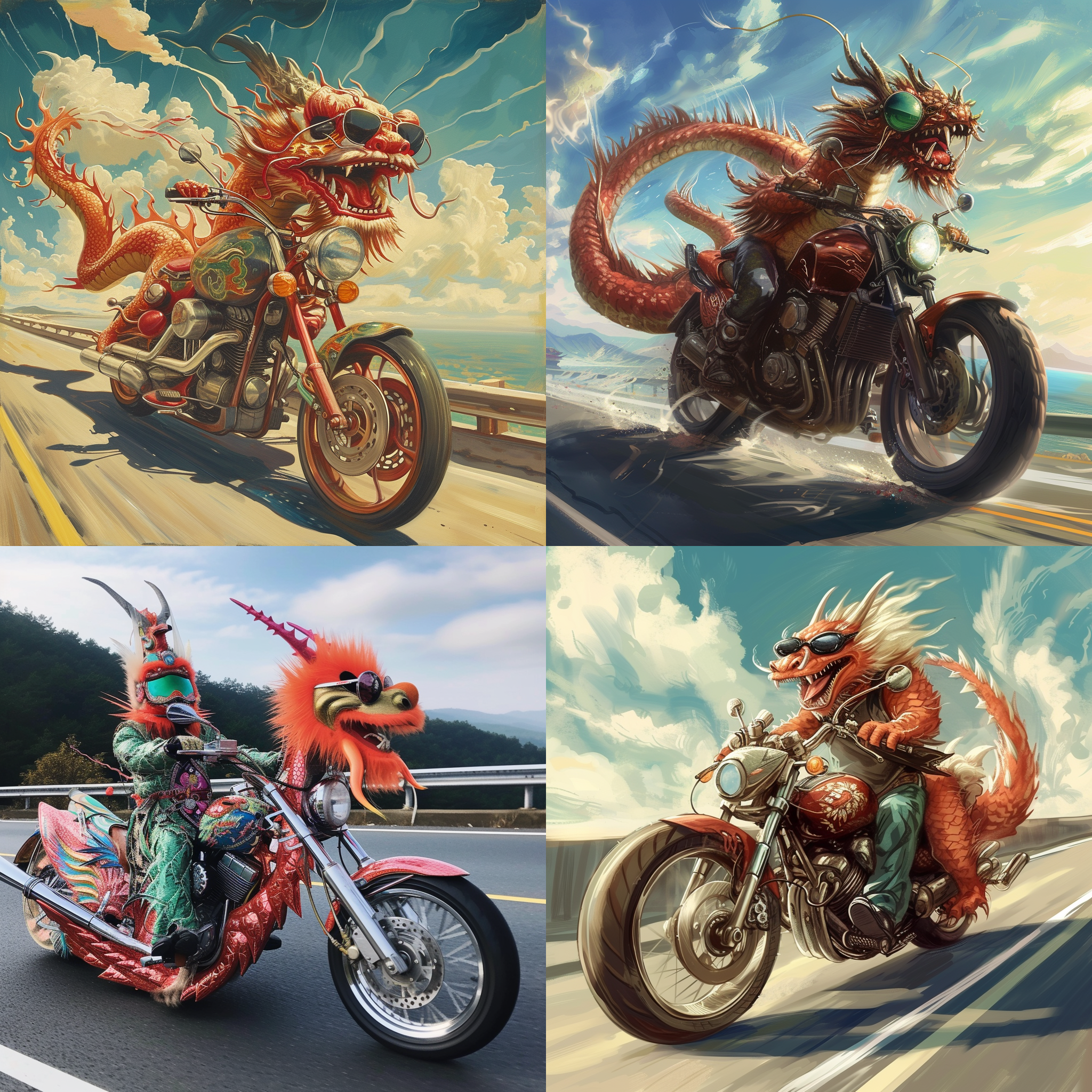 一条中国龙骑着大摩托车，戴着墨镜，高速路，酷！