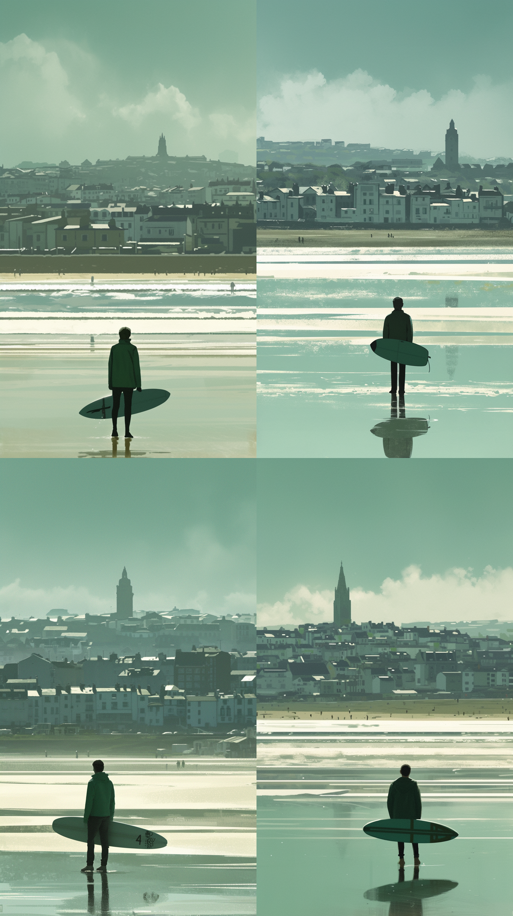 蒸汽波，沙滩上，冷色调，远景，莫奈绘画风格，长焦镜头，剪影，水面倒影，宁静