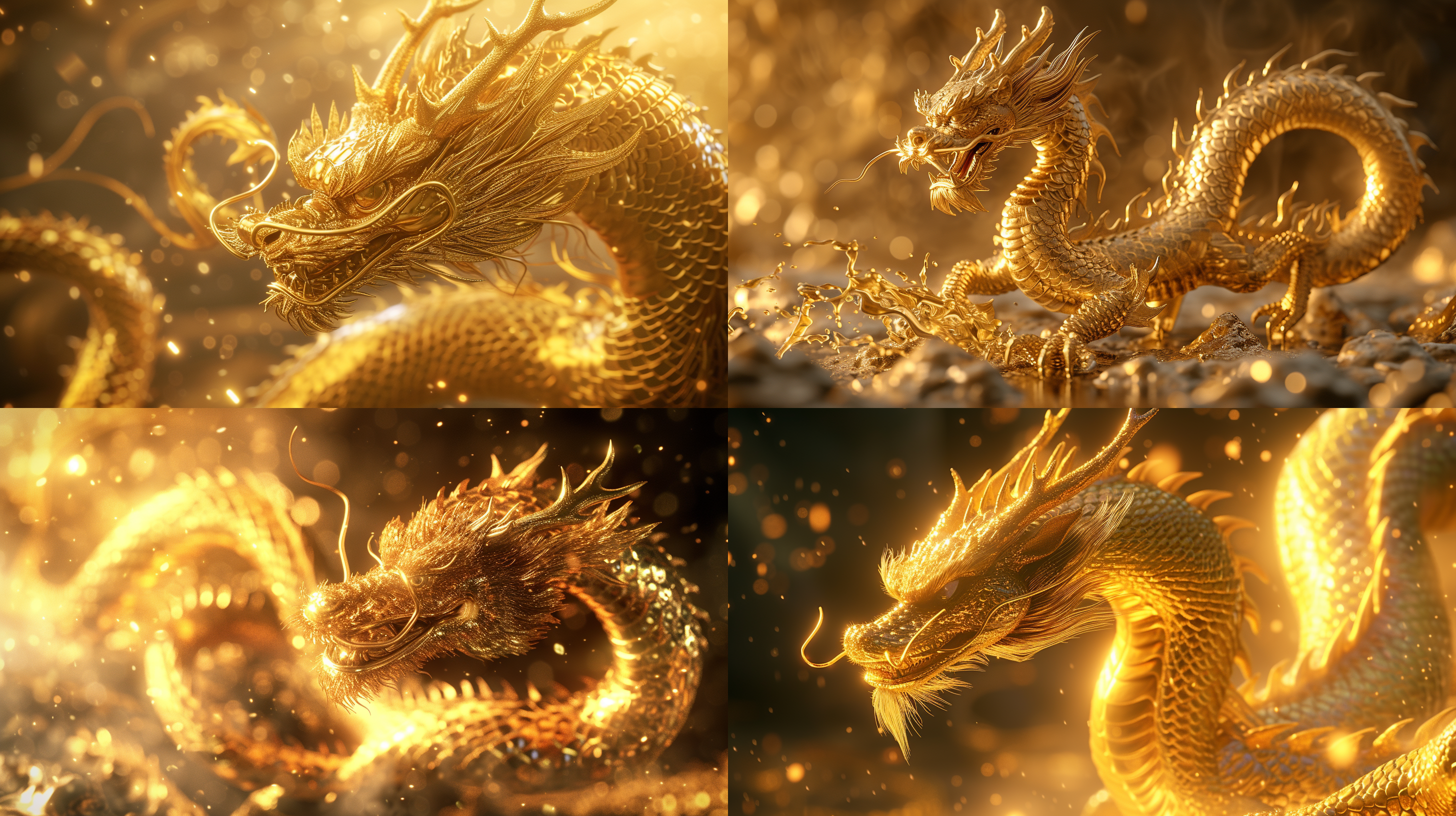 prompt. 中国金龙，耀眼光芒环绕，金元宝，光线追踪，超高清，解剖学正确，精确，纹理皮肤，超高细节，获奖作品，最佳质量，16k，3:4。
