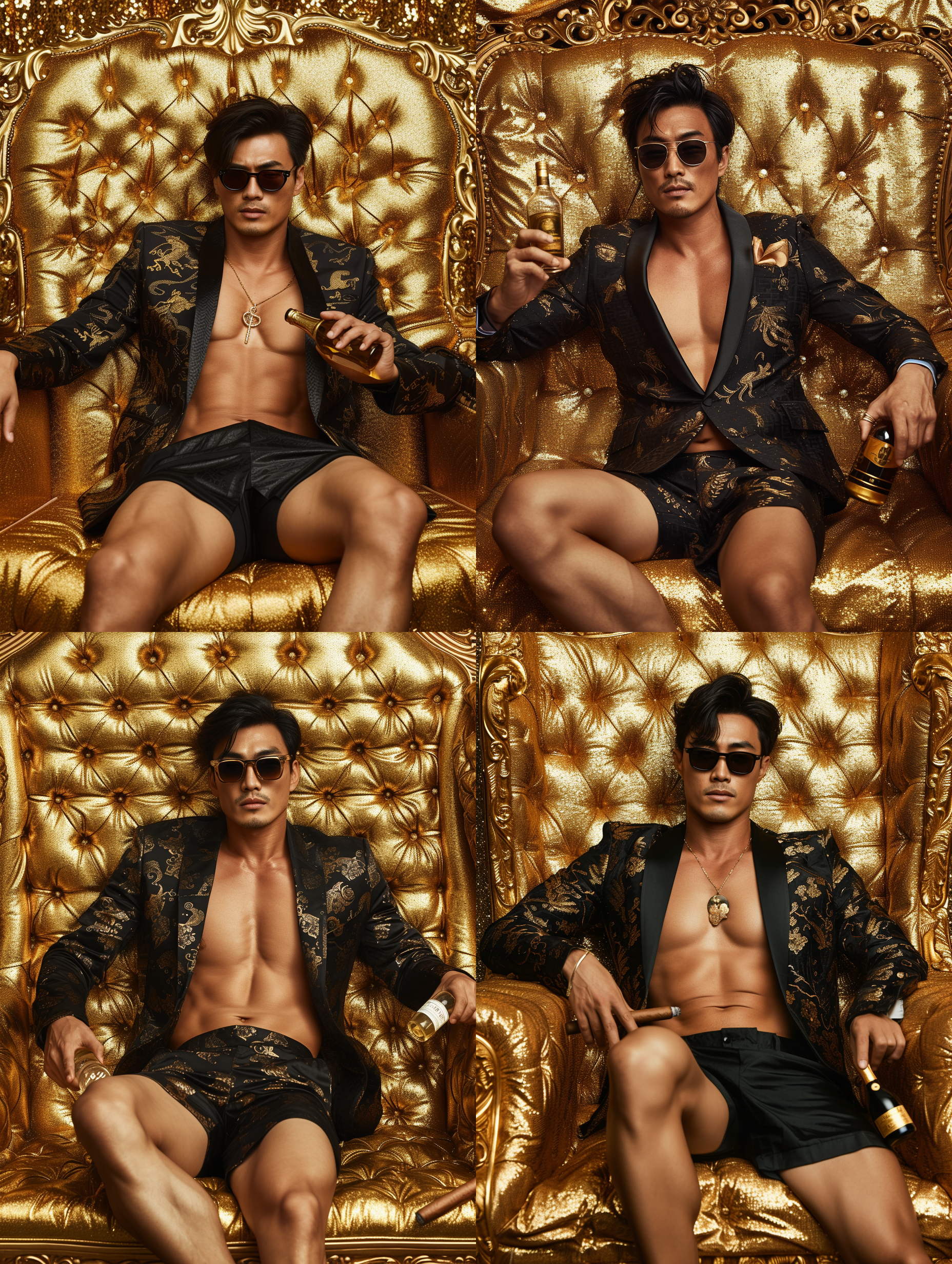 英俊的亚洲男人，黑色丝绸西装，短裤，分开双腿，高傲的表情，慵懒地躺在金色亮片的大沙发里，肌肉身材，精致的发型，酒瓶，墨镜，雪茄，全身照，逼真摄影风格，丰富的细节
