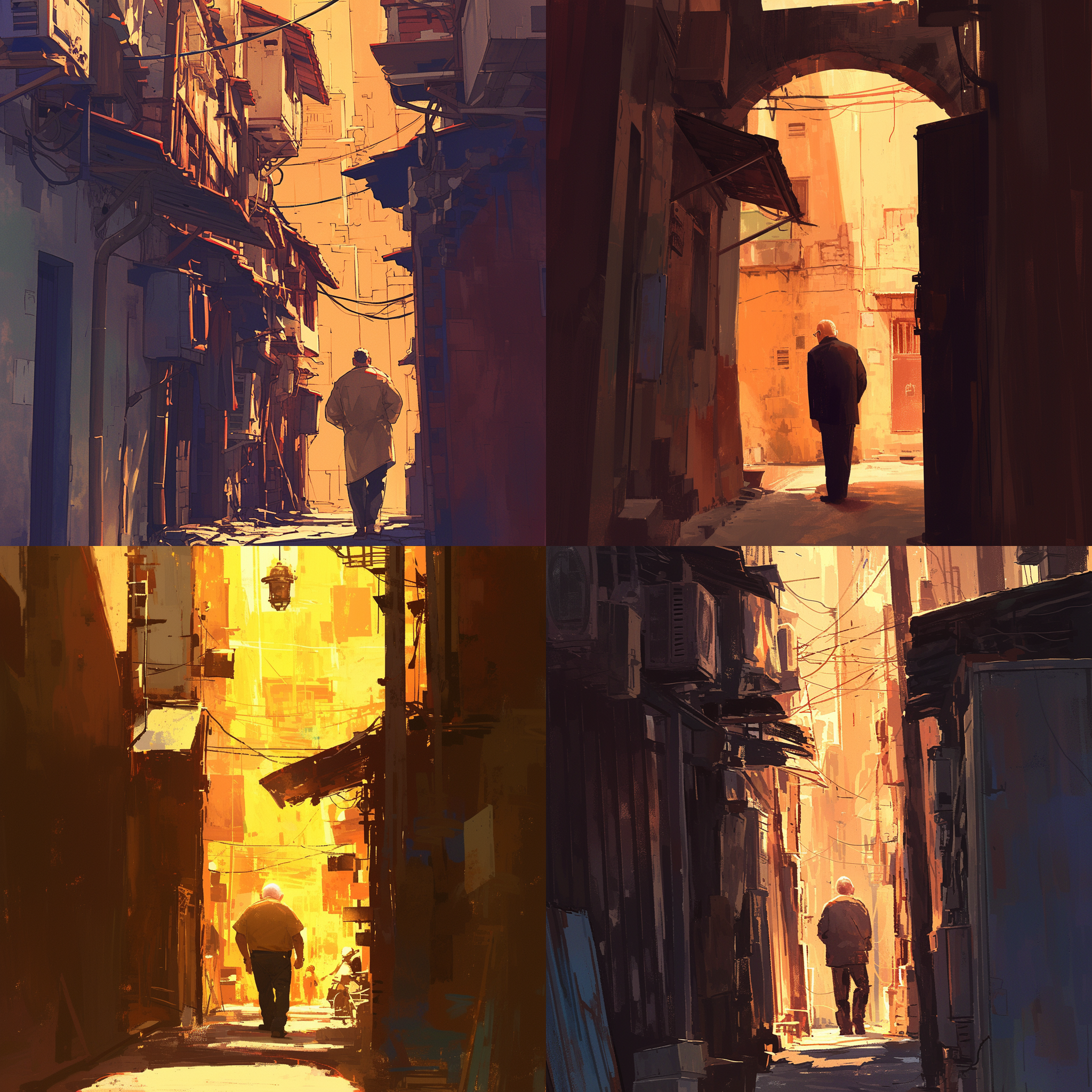 老爷叔行走在上海的弄堂里，背影，夕阳余晖，长焦镜头，纵向构图，传统风格，街道狭窄，人迹稀少，黄色调，寂静，宁静。