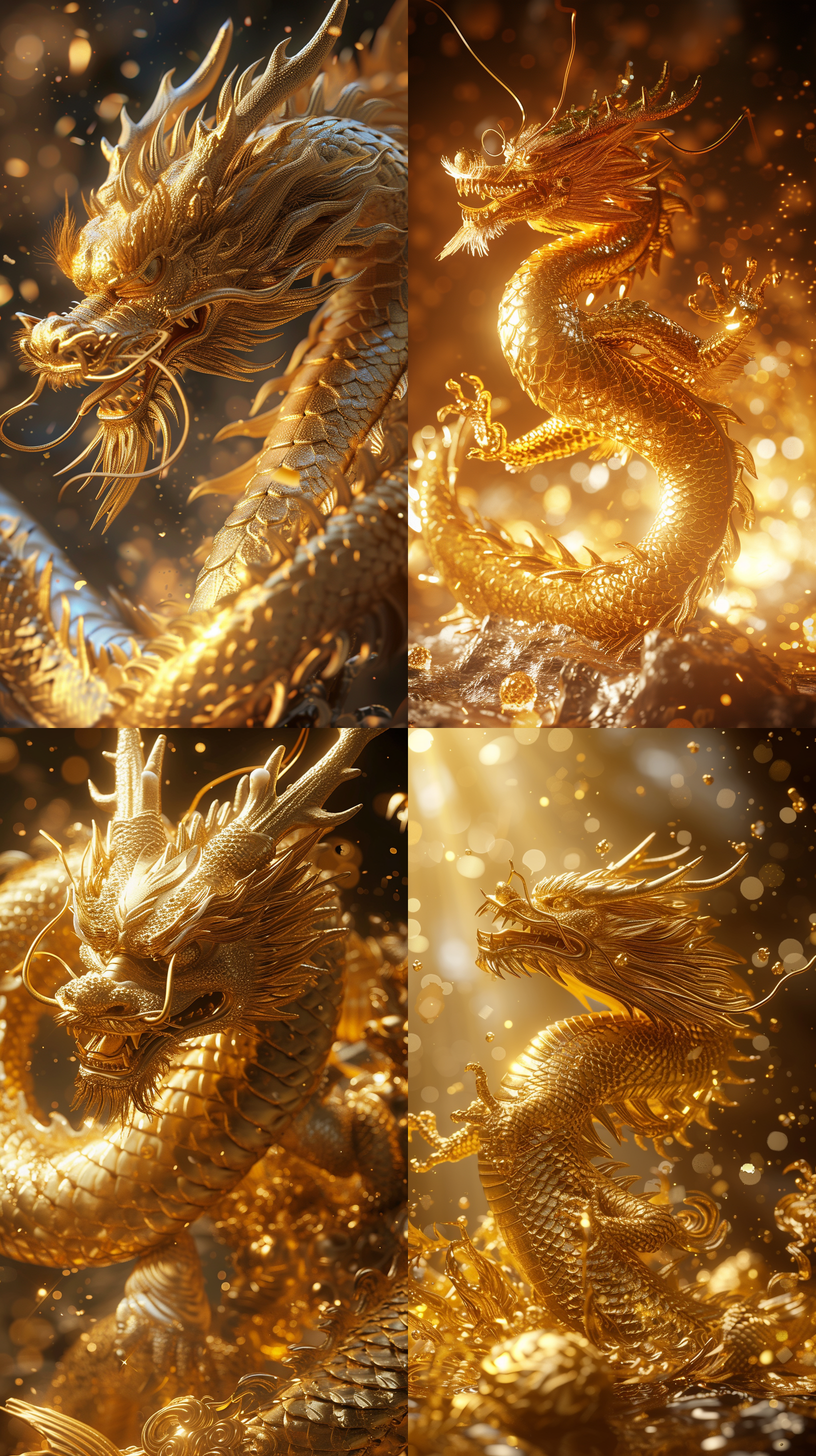 prompt. 中国金龙，耀眼光芒环绕，金元宝，光线追踪，超高清，解剖学正确，精确，纹理皮肤，超高细节，获奖作品，最佳质量，16k，3:4。
