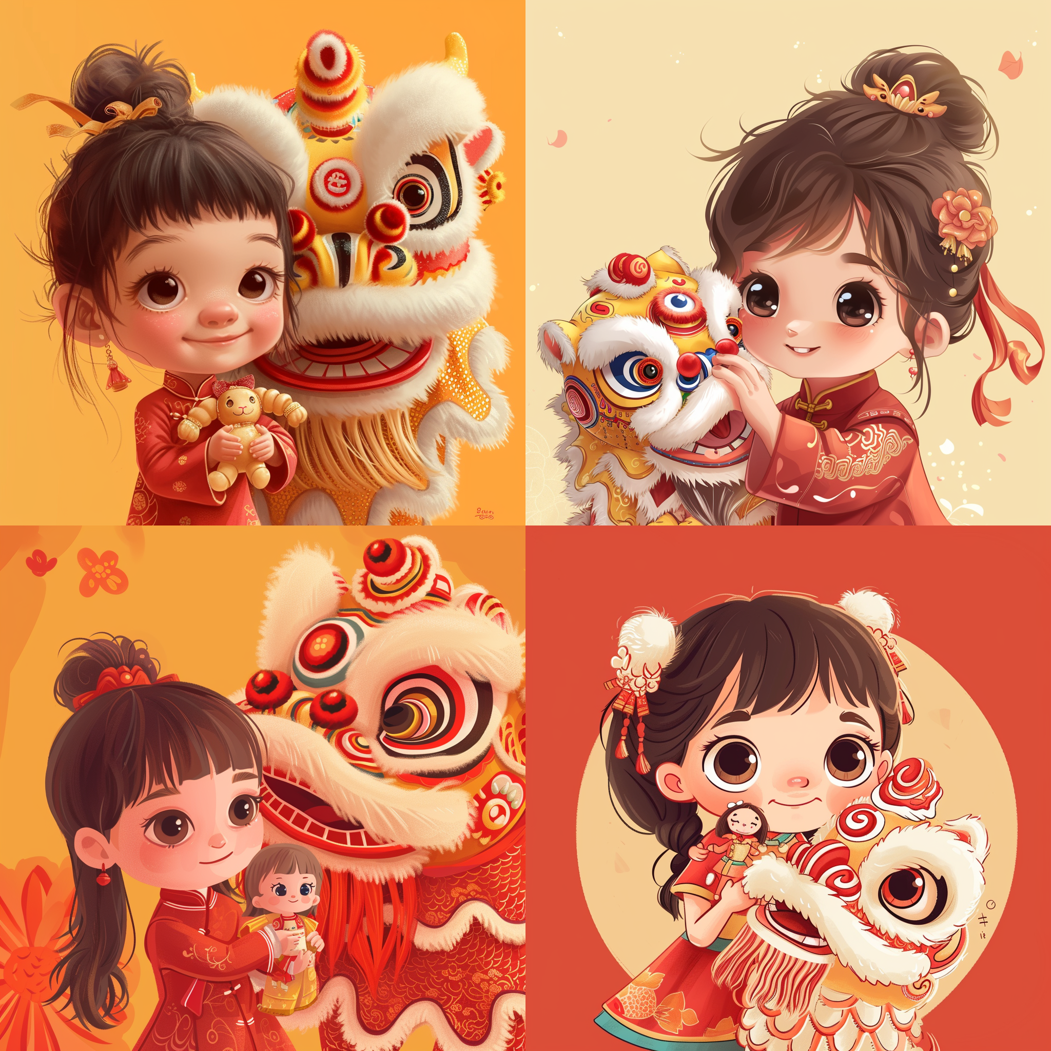 prompt. 卡通小女孩抱玩偶看舞狮子,纯色背景,活泼可爱,龙年气氛,彩色,近景,笑容,童真表情,玩偶服饰,暖色调,快门。