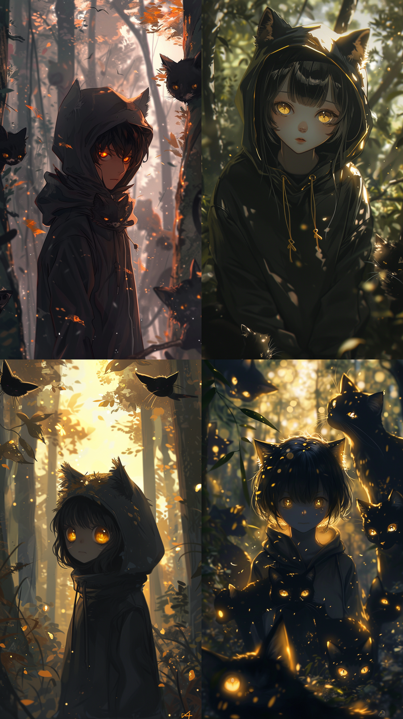 森林中，金色眼睛黑发帅哥，高个，全身，卡通，二次元，兜帽，模糊背景，动物环绕，金色眼瞳黑猫，竖式构图，暖色调，长焦镜头，侧光，神秘，野性