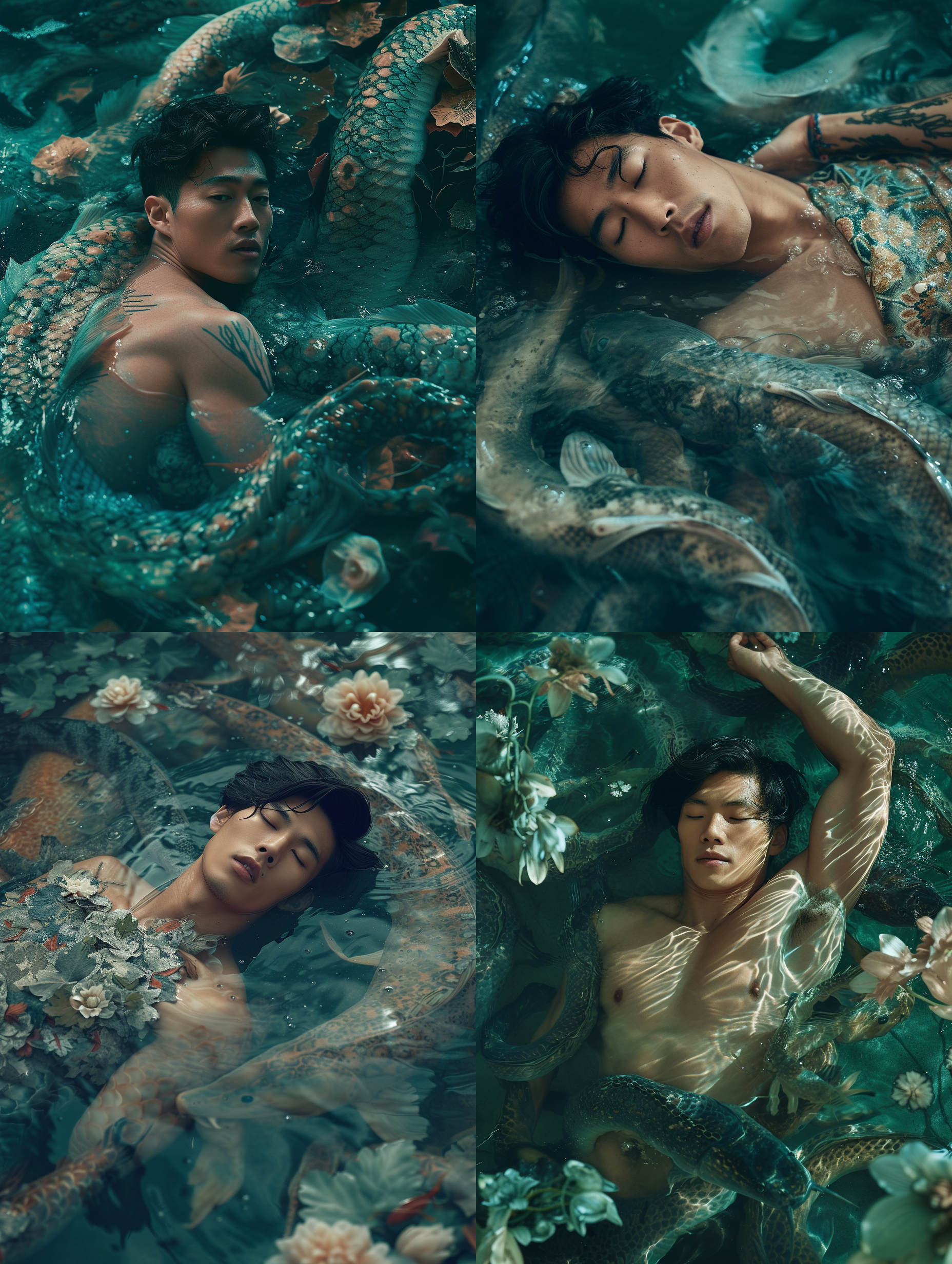 英俊的亚洲男人，躺在巨大鳗鱼池子里，肌肉，超现实主义，极致细节,真实摄影风格,鲜艳色调,节日氛围。