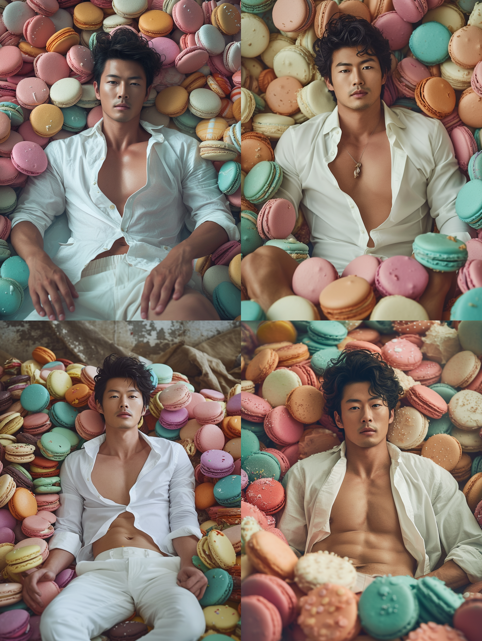 英俊的亚洲男人，坐在一堆巨大的彩色的马卡龙里，敞开的白衬衫，肌肉，超现实主义，极致细节,真实摄影风格,鲜艳色调,节日氛围。